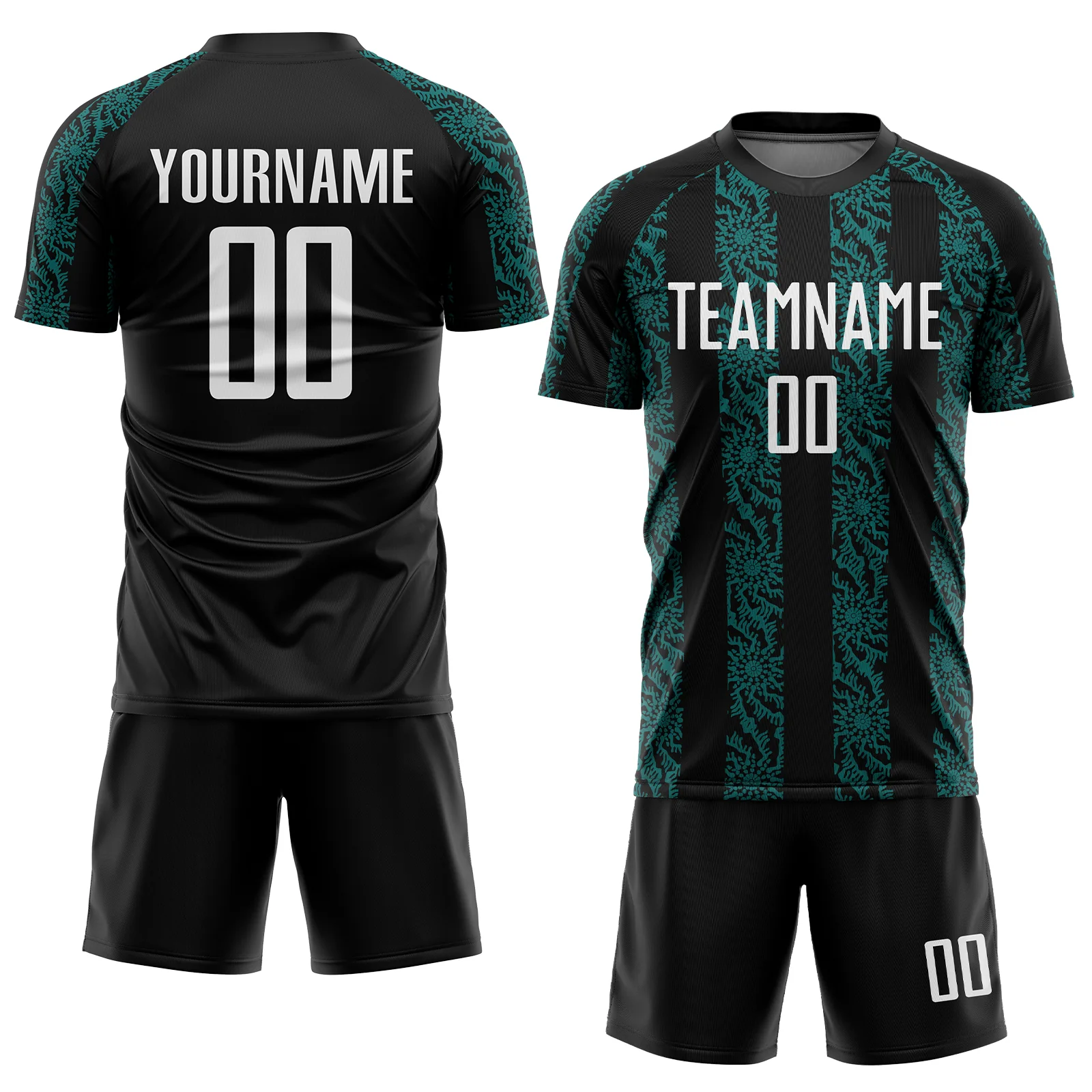 Custom Black White-Teal Abstract Shape Sublimation Soccer Uniform Jersey - Image 2