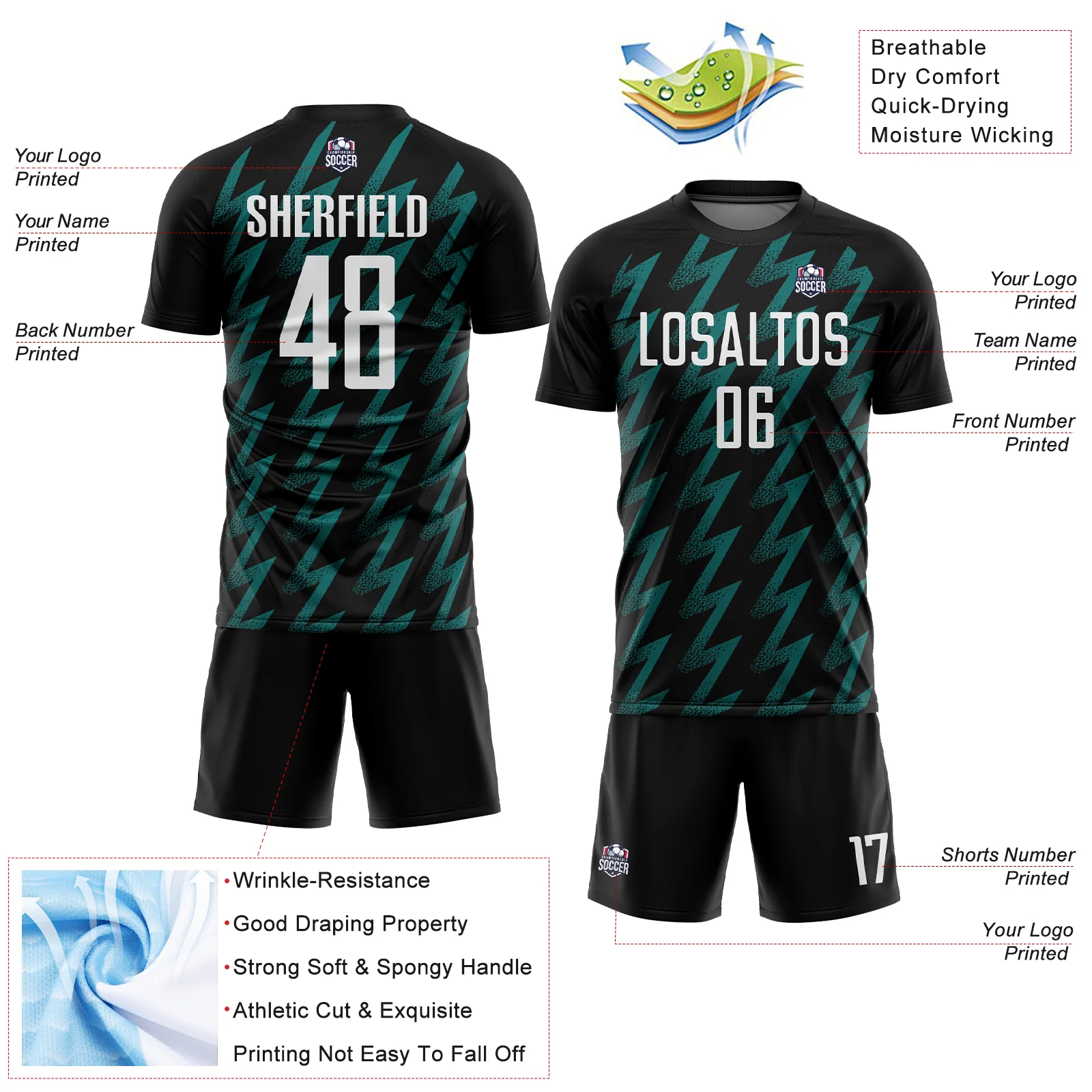 Custom Black White-Teal Zigzag Shape Sublimation Soccer Uniform Jersey - Image 4
