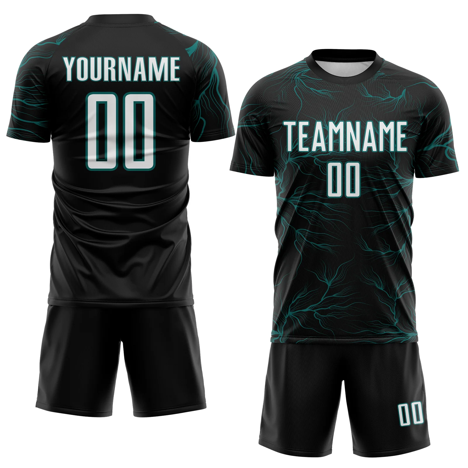 Custom Black White-Teal Lightning Electric Veins Sublimation Soccer Uniform Jersey - Image 2