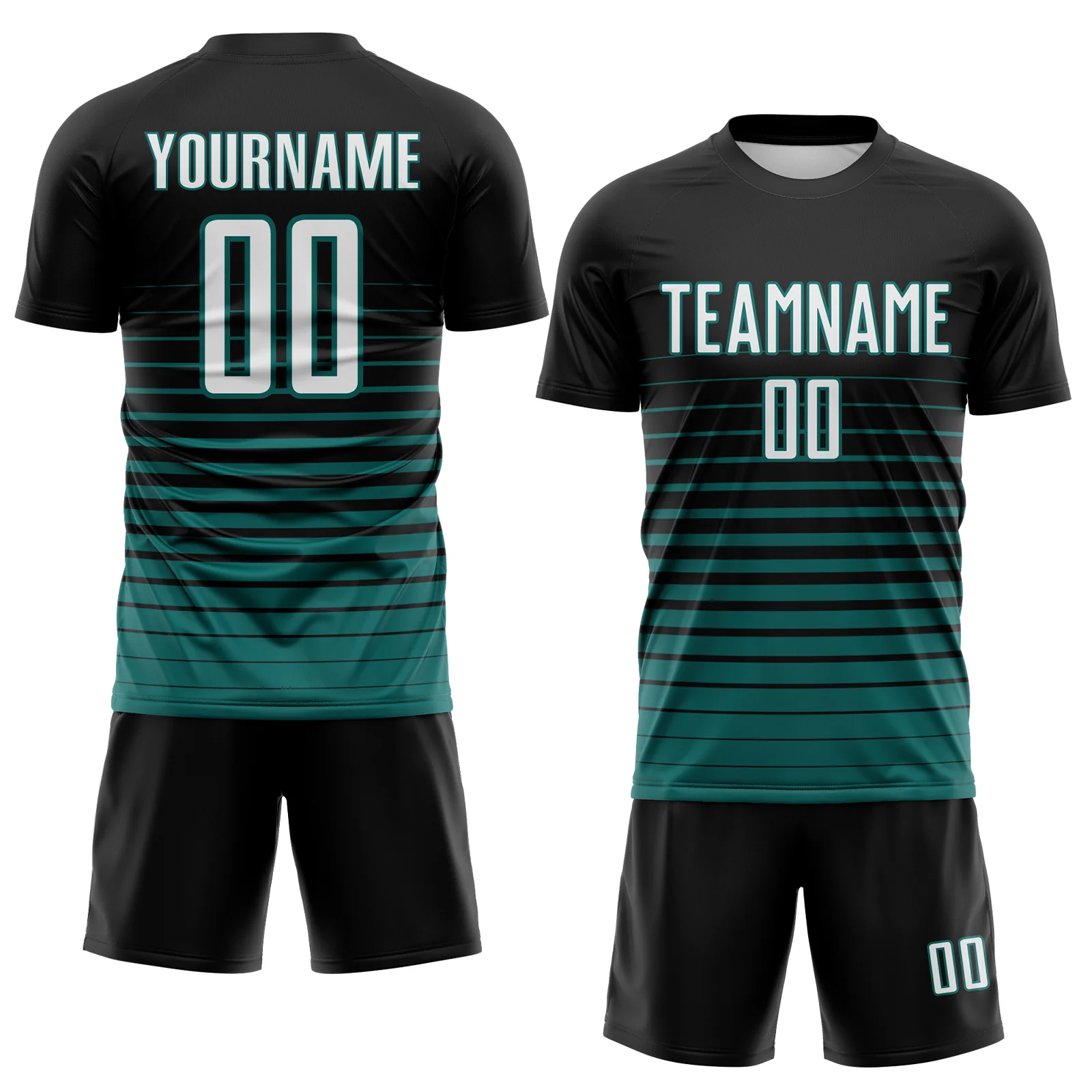 Custom Black White-Teal Gradient Pinstripe Sublimation Soccer Uniform Jersey - Image 2