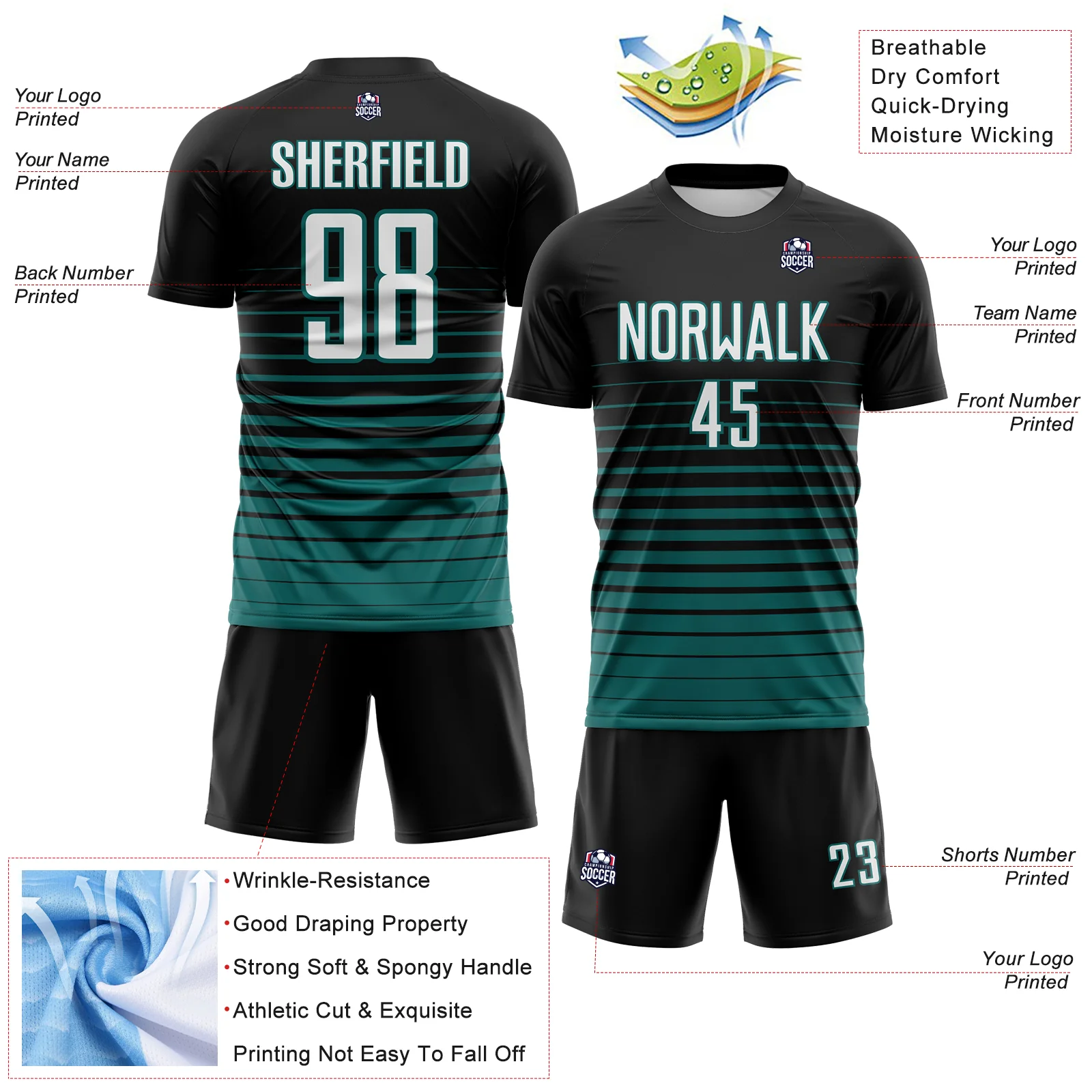 Custom Black White-Teal Gradient Pinstripe Sublimation Soccer Uniform Jersey - Image 4