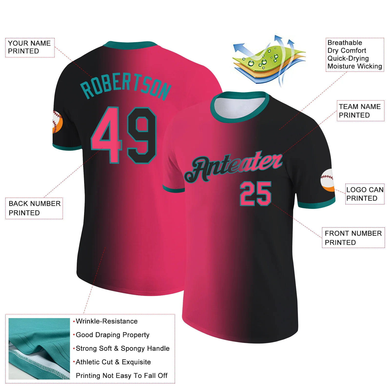 Custom Black Neon Pink-Teal Gradient Fashion Performance T-Shirt - Image 2