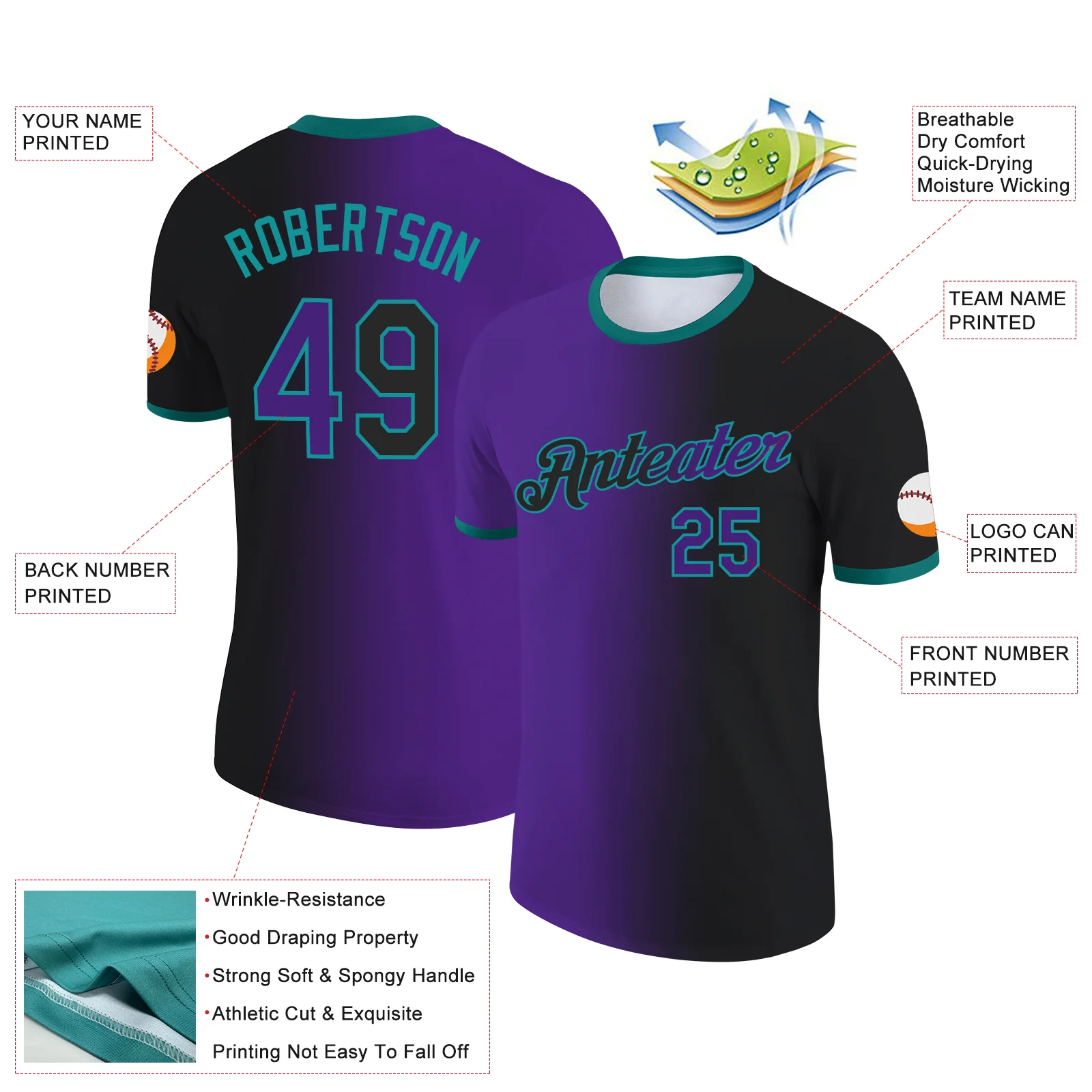 Custom Black Purple-Teal Gradient Fashion Performance T-Shirt - Image 2