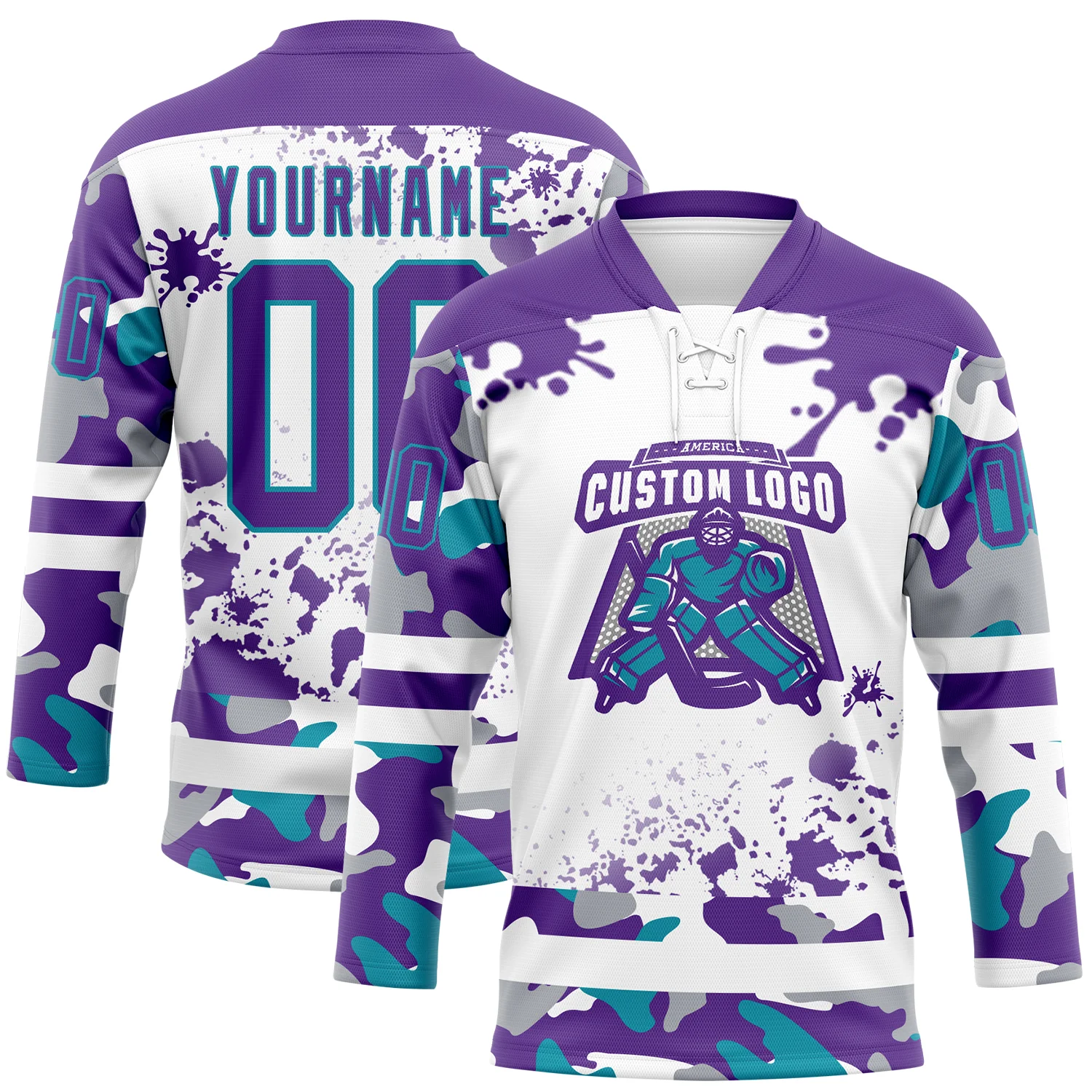 Custom Camo Purple Teal-White Splash Hockey Lace Neck Jersey - Image 2