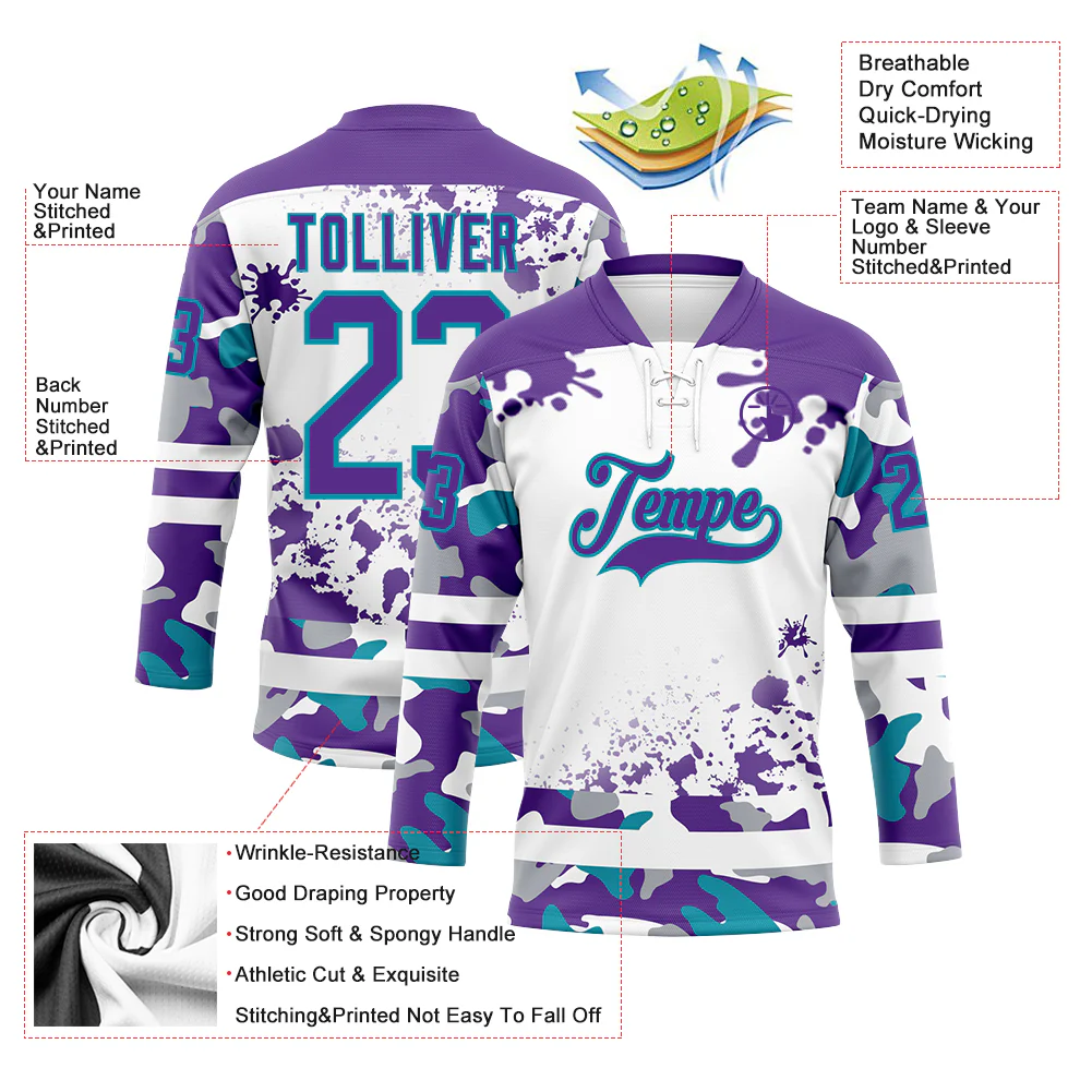 Custom Camo Purple Teal-White Splash Hockey Lace Neck Jersey - Image 3