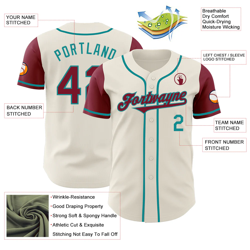 Custom Cream Crimson-Teal Authentic Two Tone Baseball Jersey - Image 3