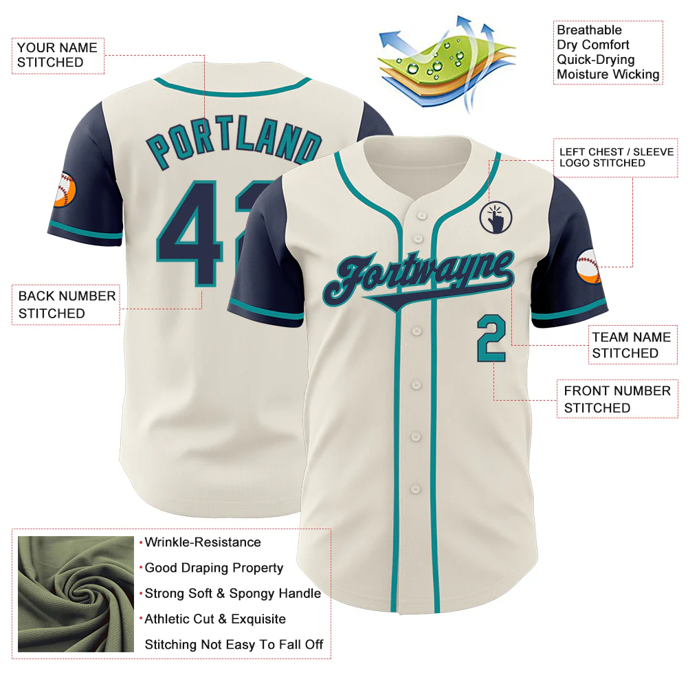 Custom Cream Navy-Teal Authentic Two Tone Baseball Jersey - Image 3