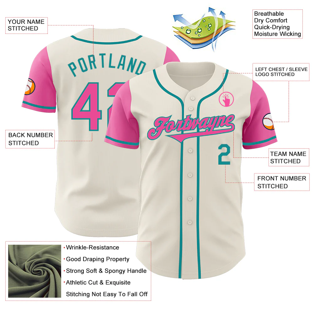Custom Cream Pink-Teal Authentic Two Tone Baseball Jersey - Image 3