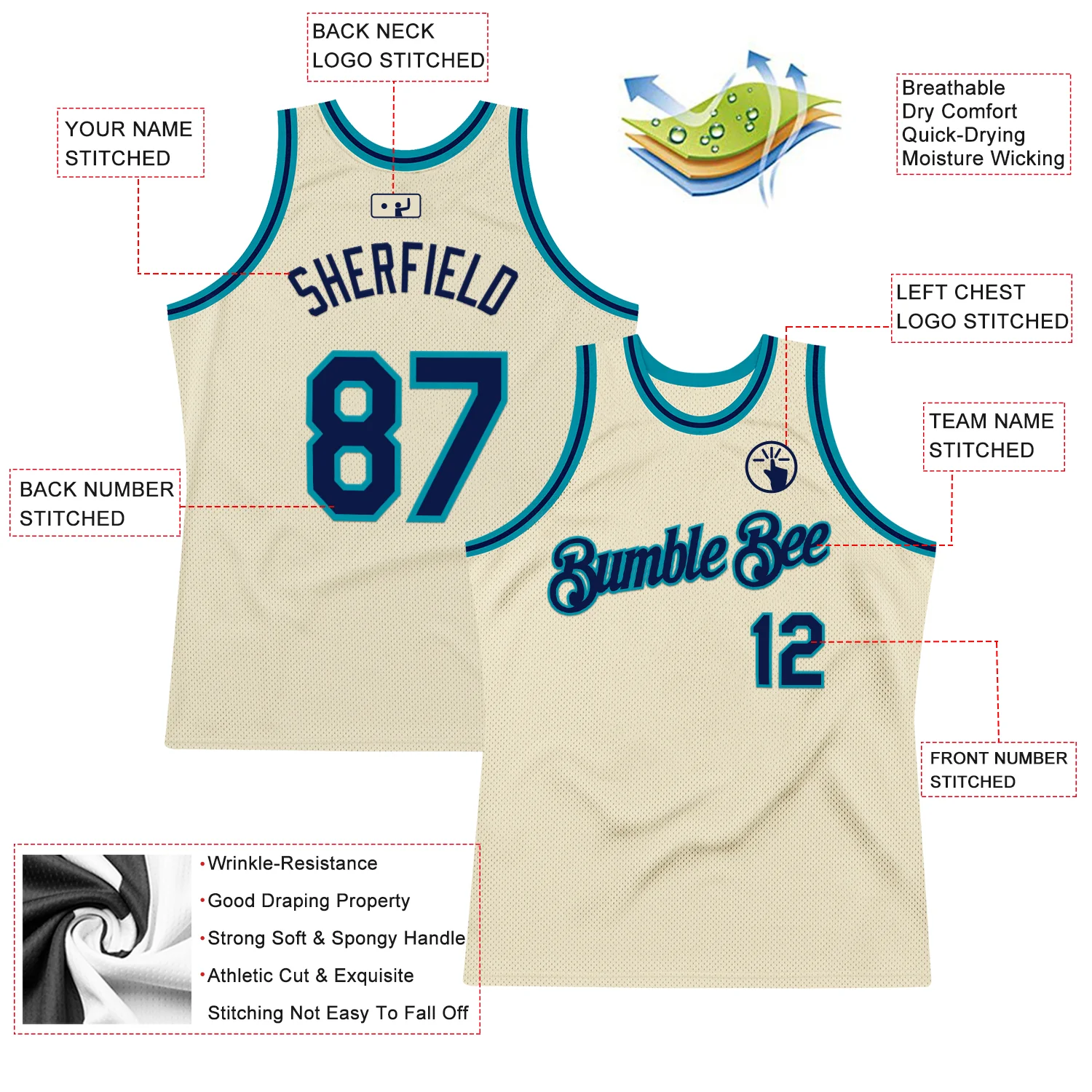 Custom Cream Navy-Teal Authentic Throwback Basketball Jersey - Image 2
