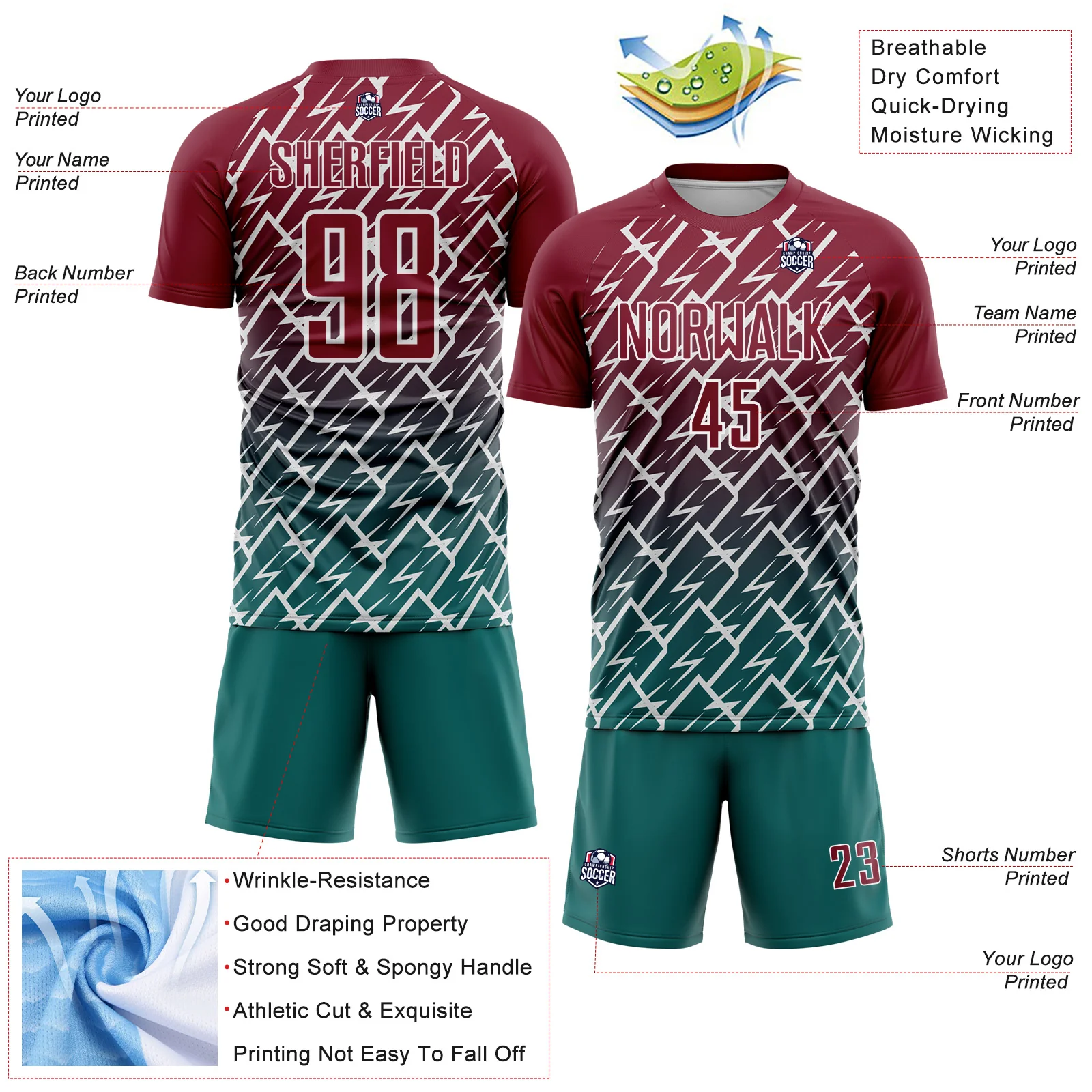 Custom Crimson Teal-White Lightning Sports Sublimation Soccer Uniform Jersey - Image 4