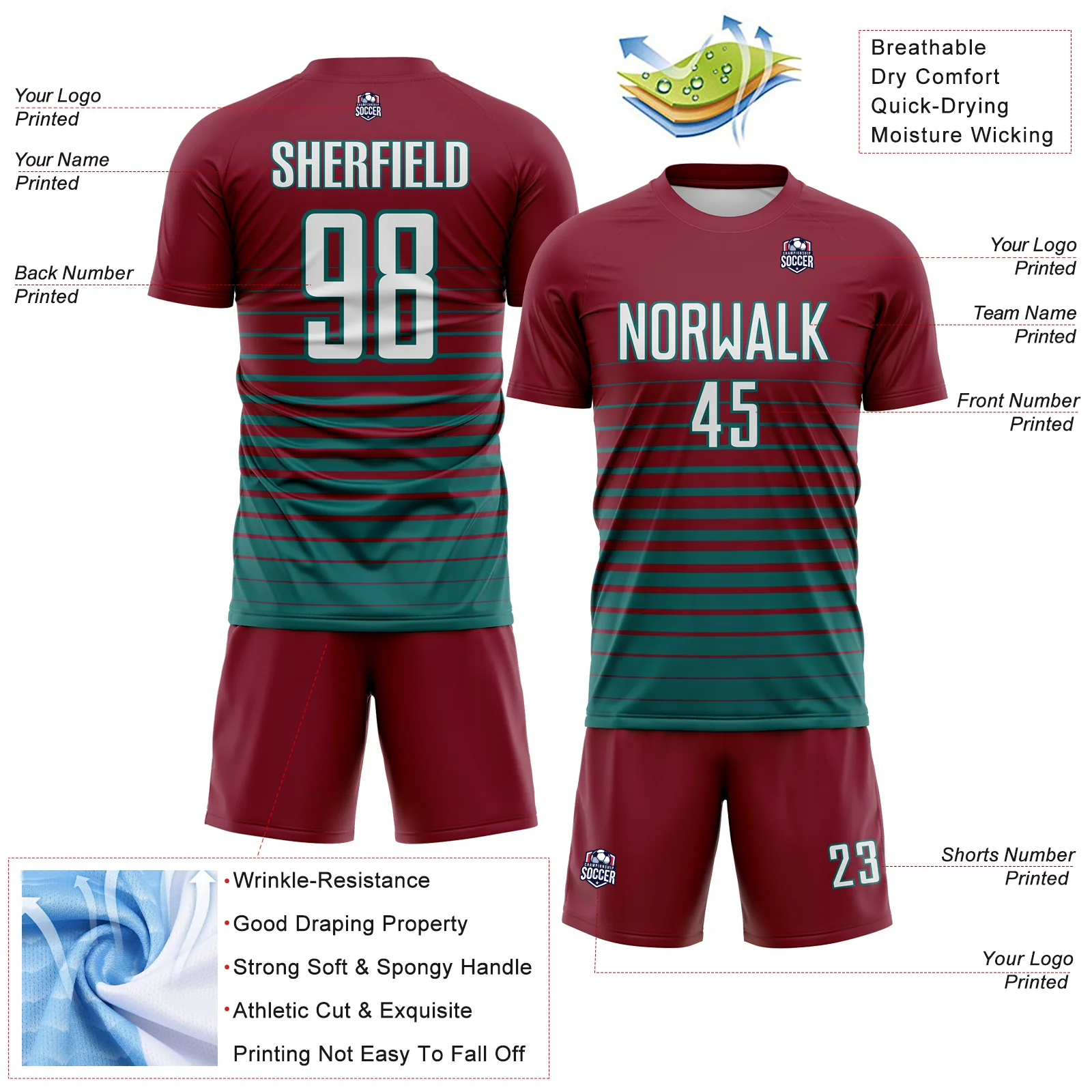 Custom Crimson White-Teal Gradient Pinstripe Sublimation Soccer Uniform Jersey - Image 4