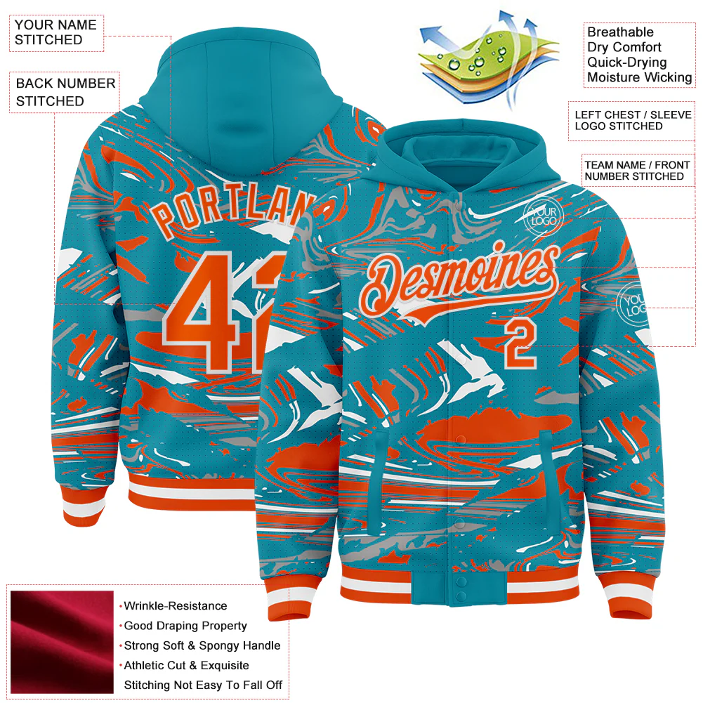 Custom Figure Orange Teal-White Fluid Pattern Bomber Full-Snap Varsity Letterman Hoodie Jacket - Image 4