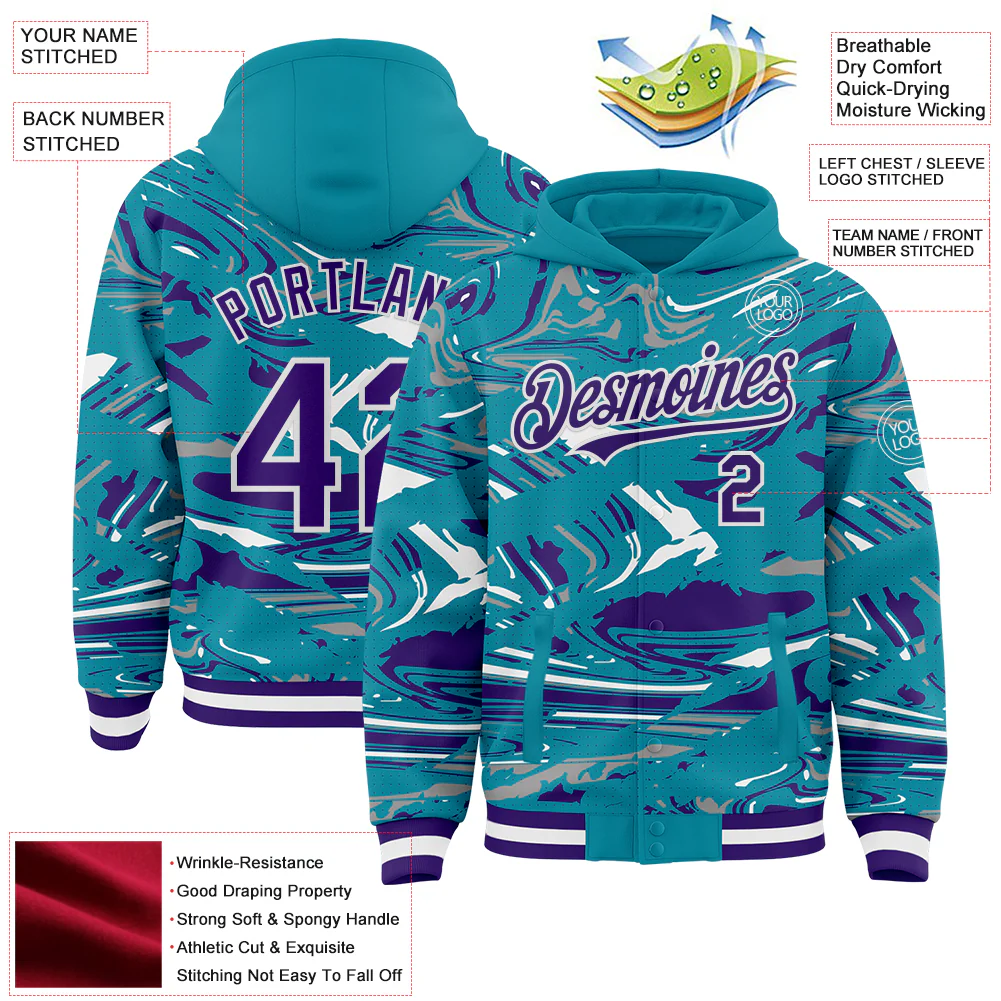 Custom Figure Purple Teal-White Fluid Pattern Bomber Full-Snap Varsity Letterman Hoodie Jacket - Image 4