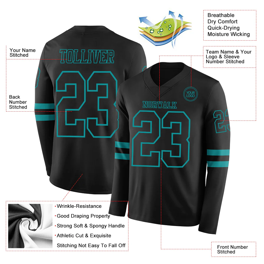 Custom Black Teal Long Sleeve Authentic Football Jersey - Image 2