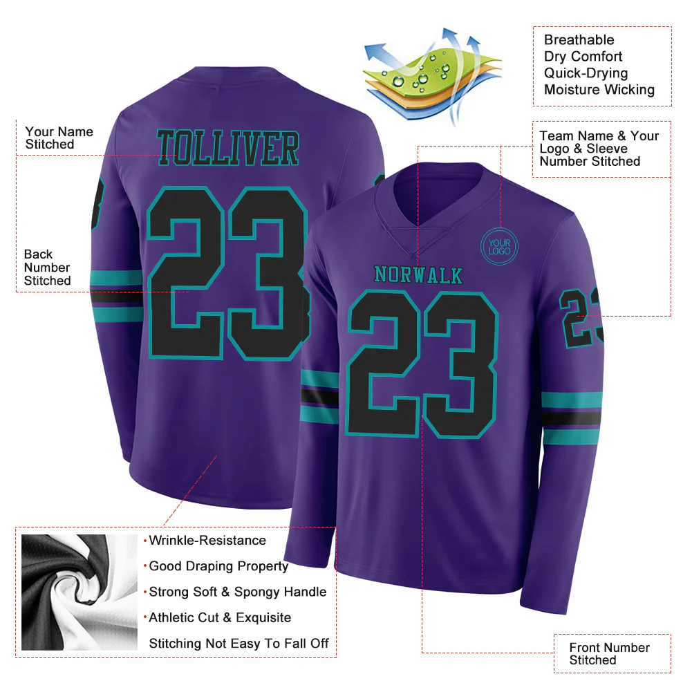 Custom Purple Black-Teal Long Sleeve Authentic Football Jersey - Image 2