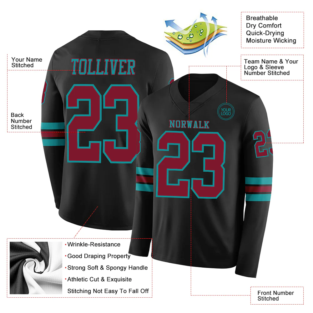 Custom Black Crimson-Teal Long Sleeve Authentic Football Jersey - Image 2