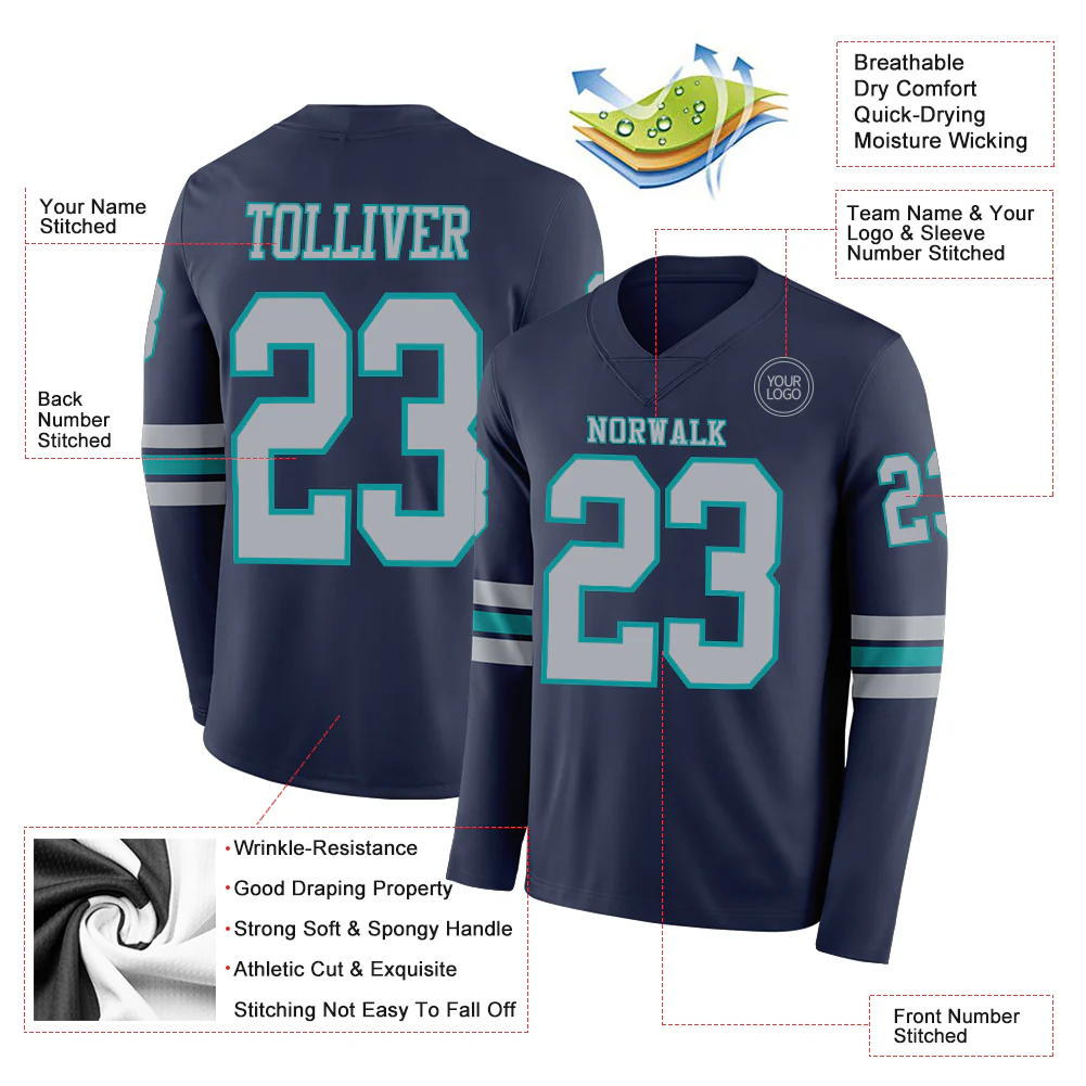Custom Navy Gray-Teal Long Sleeve Authentic Football Jersey - Image 2