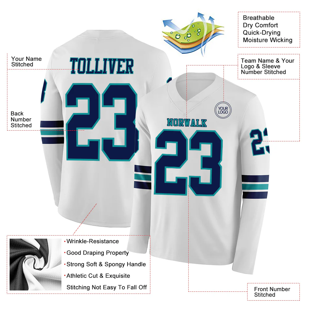Custom White Navy-Teal Long Sleeve Authentic Football Jersey - Image 2