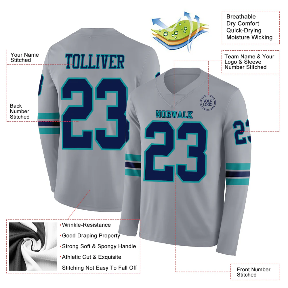 Custom Gray Navy-Teal Long Sleeve Authentic Football Jersey - Image 2