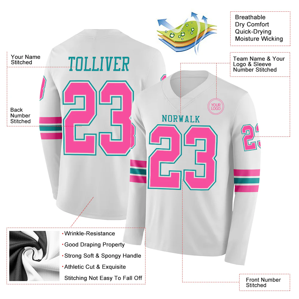 Custom White Pink-Teal Long Sleeve Authentic Football Jersey - Image 2