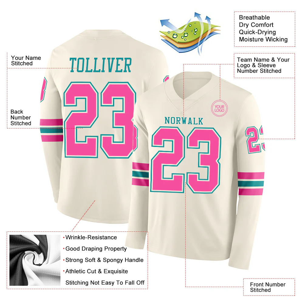 Custom Cream Pink-Teal Long Sleeve Authentic Football Jersey - Image 2