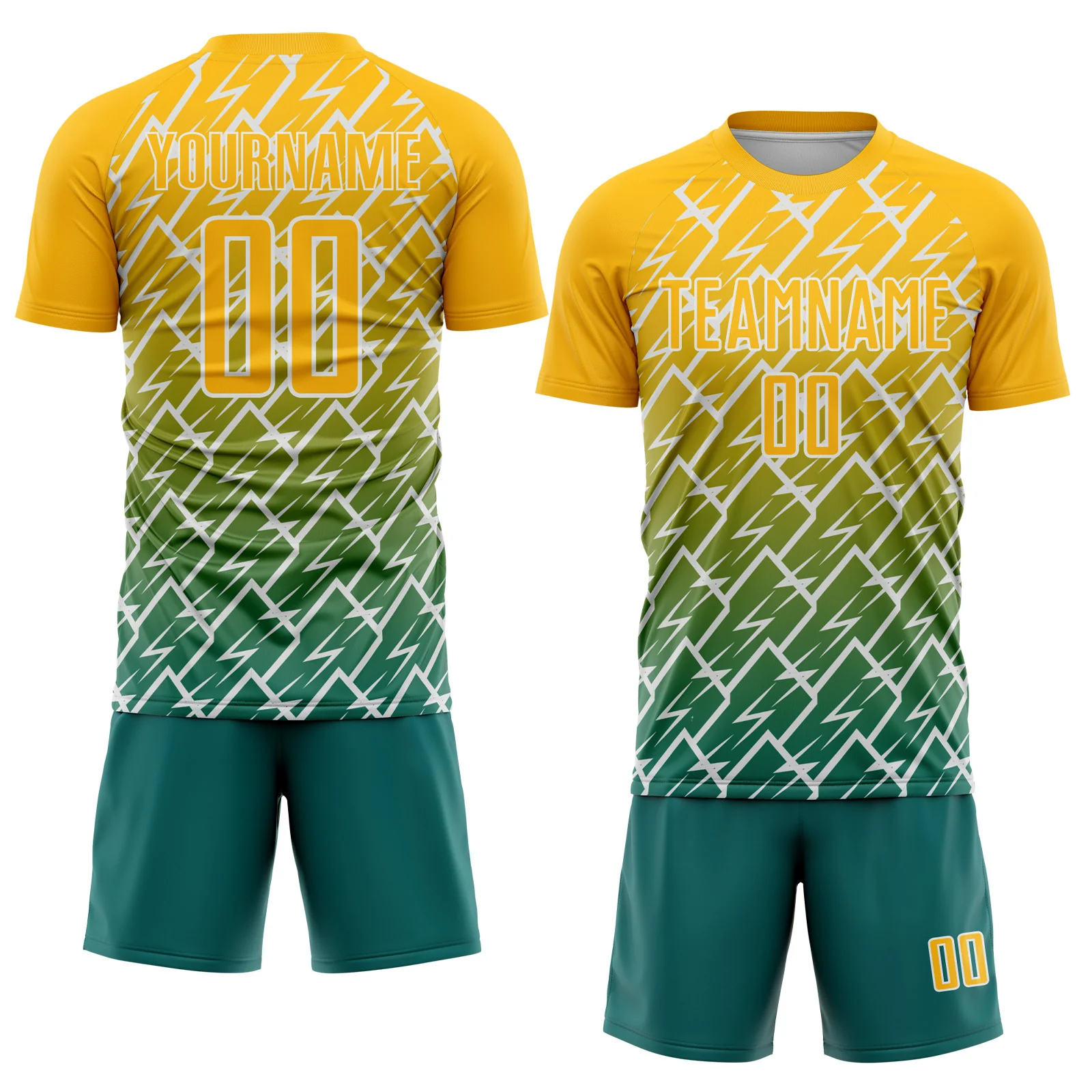 Custom Gold Teal-White Lightning Sports Sublimation Soccer Uniform Jersey - Image 2