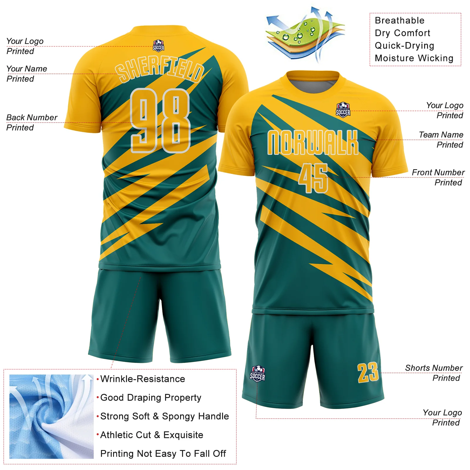 Custom Gold Teal-White Abstract Line Sports Sublimation Soccer Uniform Jersey - Image 4