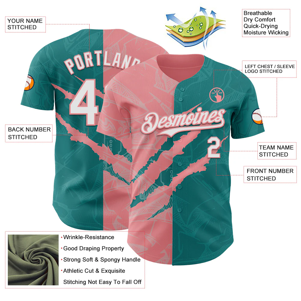 Custom Graffiti Pattern White Teal-Medium Pink 3D Scratch Authentic Baseball Jersey - Image 3