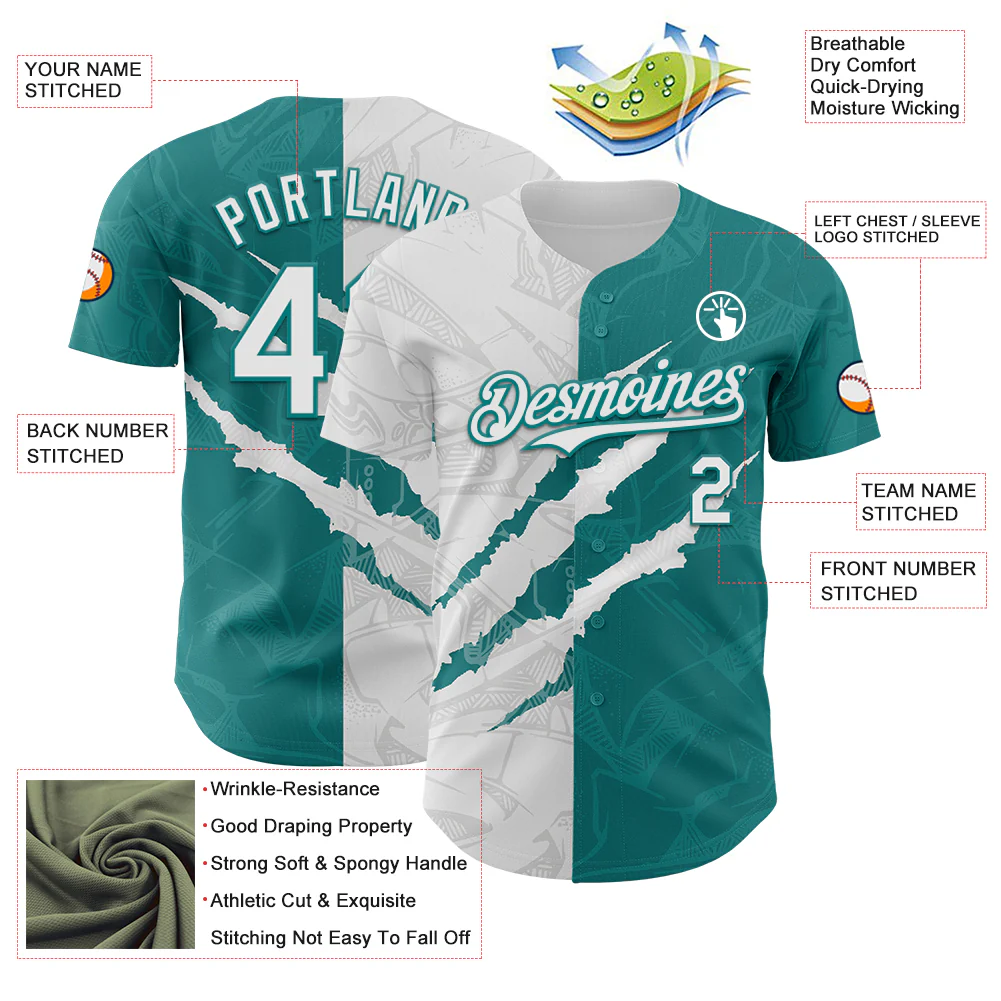 Custom Graffiti Pattern White-Teal 3D Scratch Authentic Baseball Jersey - Image 3