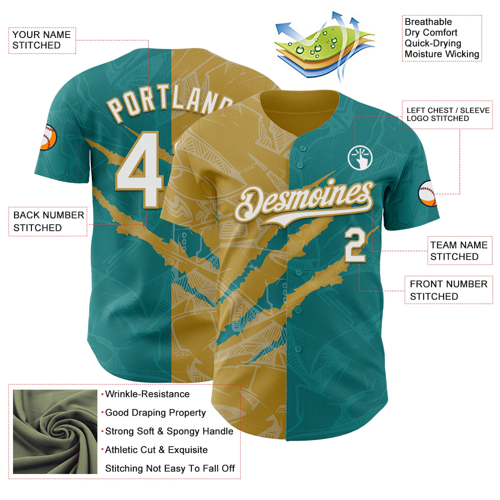 Custom Graffiti Pattern White Teal-Old Gold 3D Scratch Authentic Baseball Jersey - Image 3