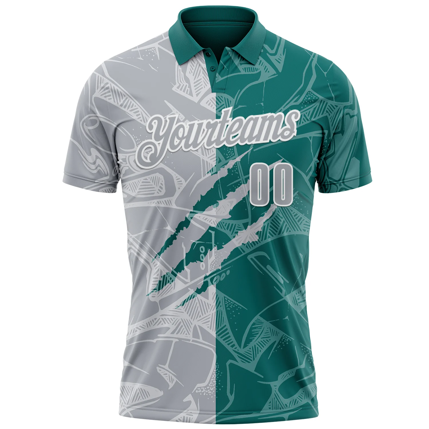 Custom Graffiti Pattern Gray Teal-White 3D Scratch Performance Polo Shirt - Image 2