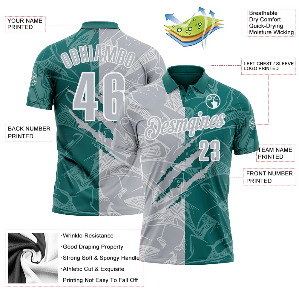 Custom Graffiti Pattern Gray Teal-White 3D Scratch Performance Polo Shirt - Image 3