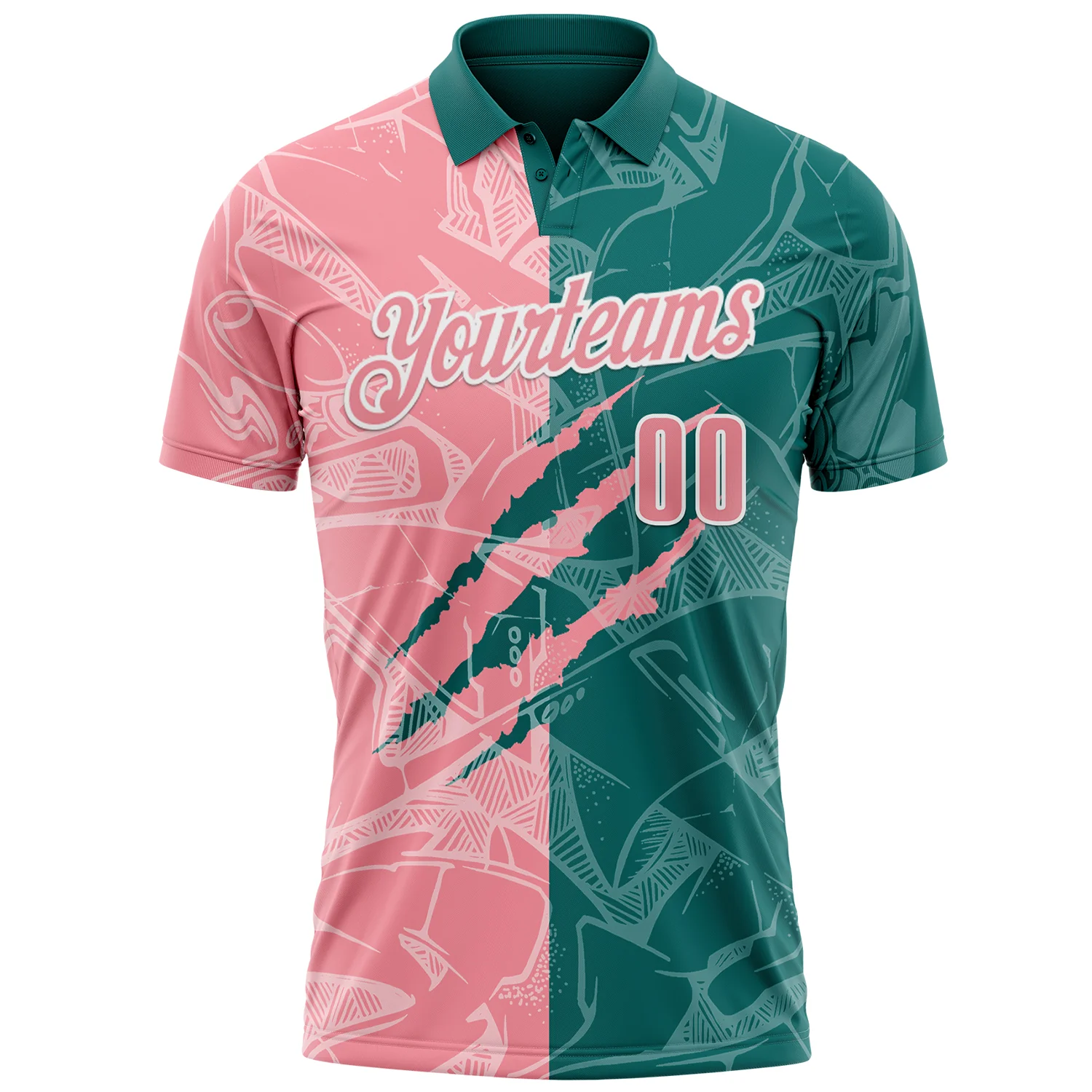Custom Graffiti Pattern Medium Pink Teal-White 3D Scratch Performance Polo Shirt - Image 2