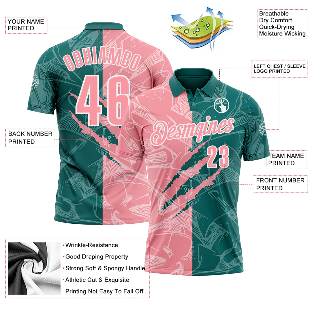 Custom Graffiti Pattern Medium Pink Teal-White 3D Scratch Performance Polo Shirt - Image 3