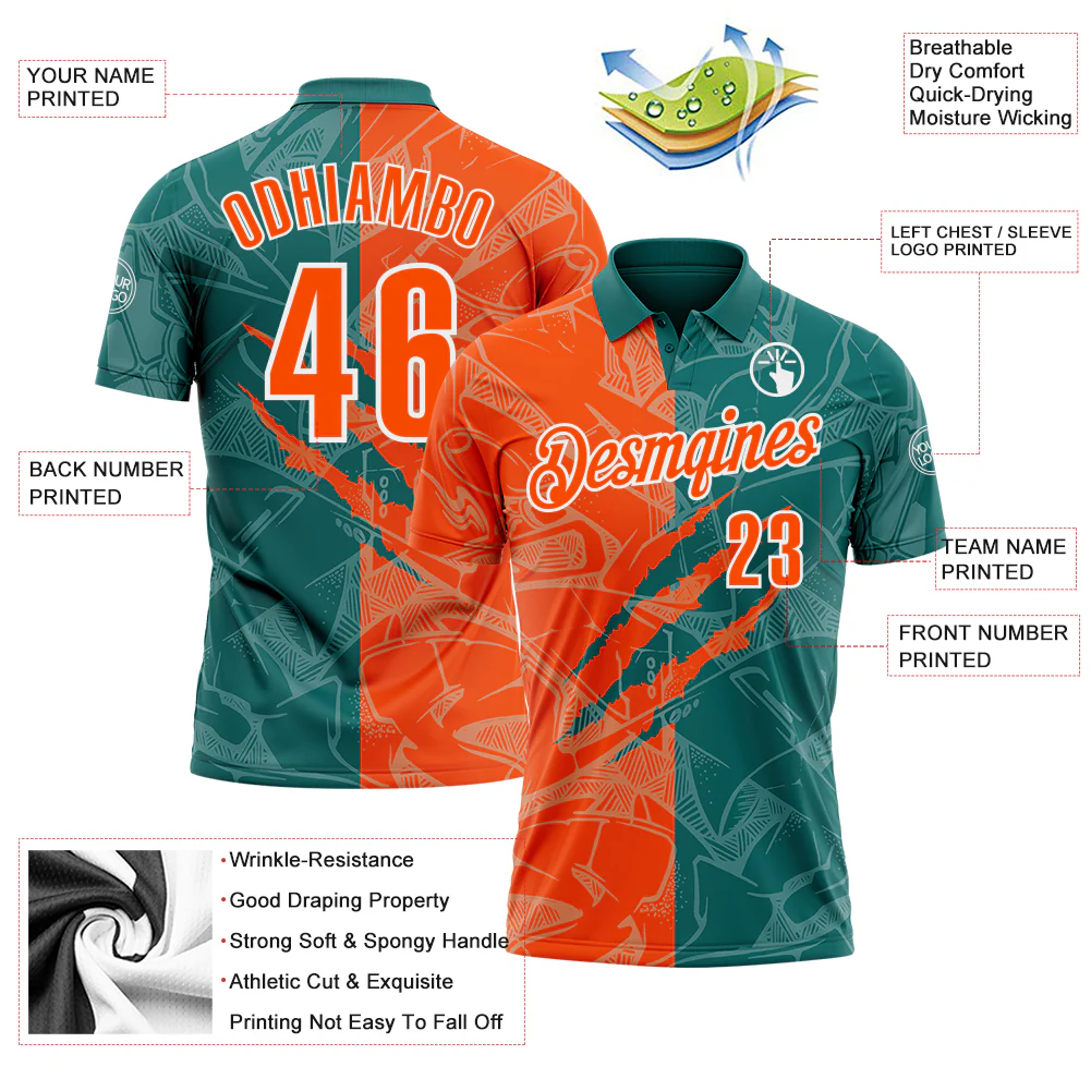 Custom Graffiti Pattern Orange Teal-White 3D Scratch Performance Polo Shirt - Image 3