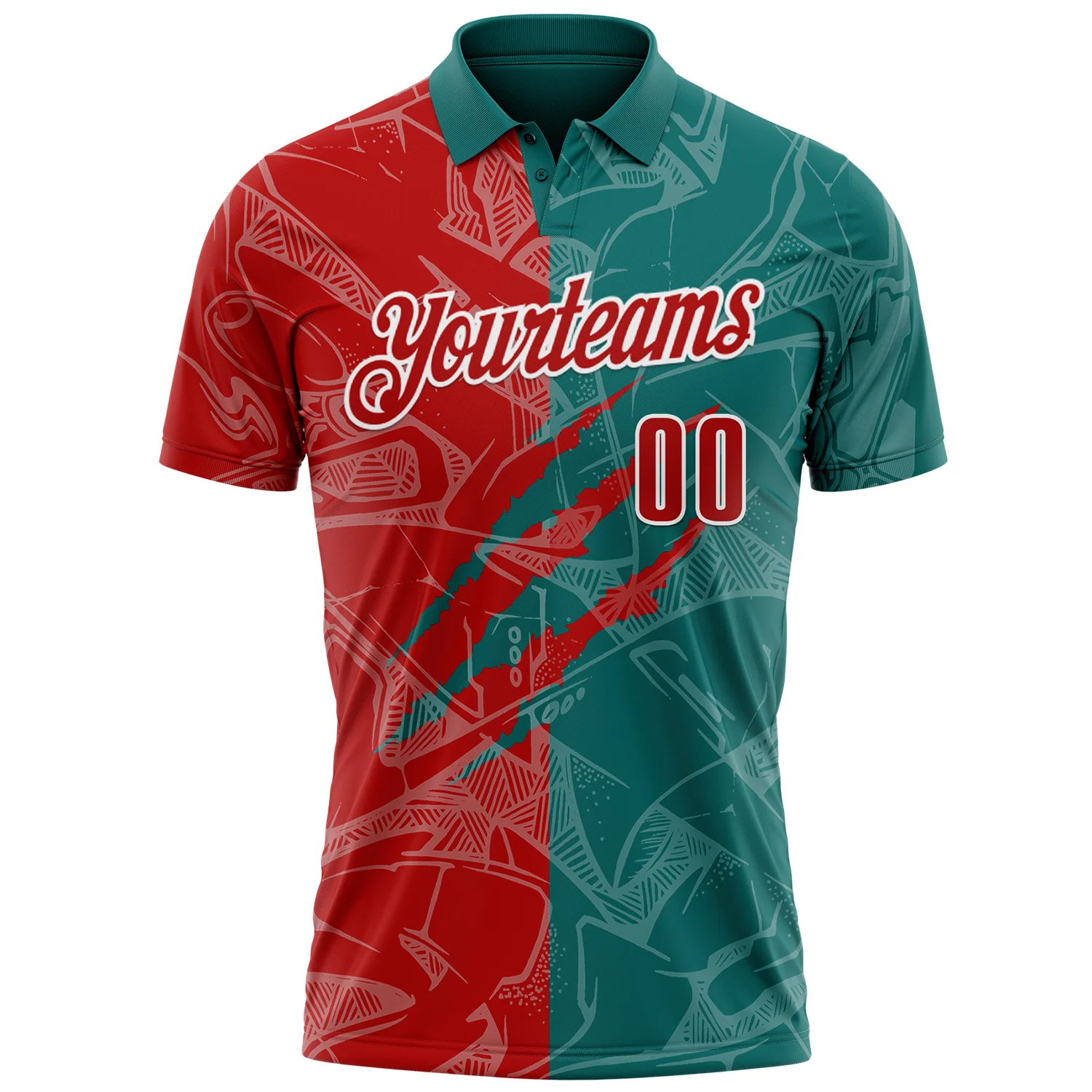 Custom Graffiti Pattern Red Teal-White 3D Scratch Performance Polo Shirt - Image 2