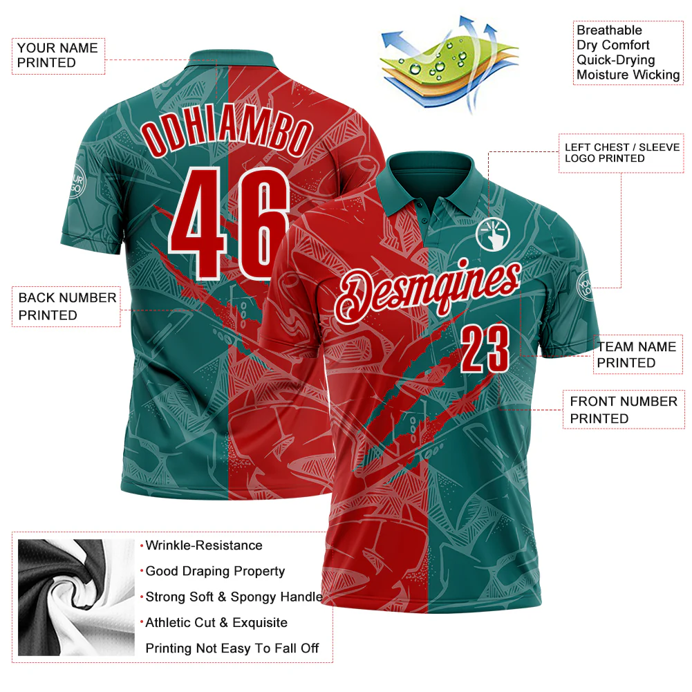 Custom Graffiti Pattern Red Teal-White 3D Scratch Performance Polo Shirt - Image 3