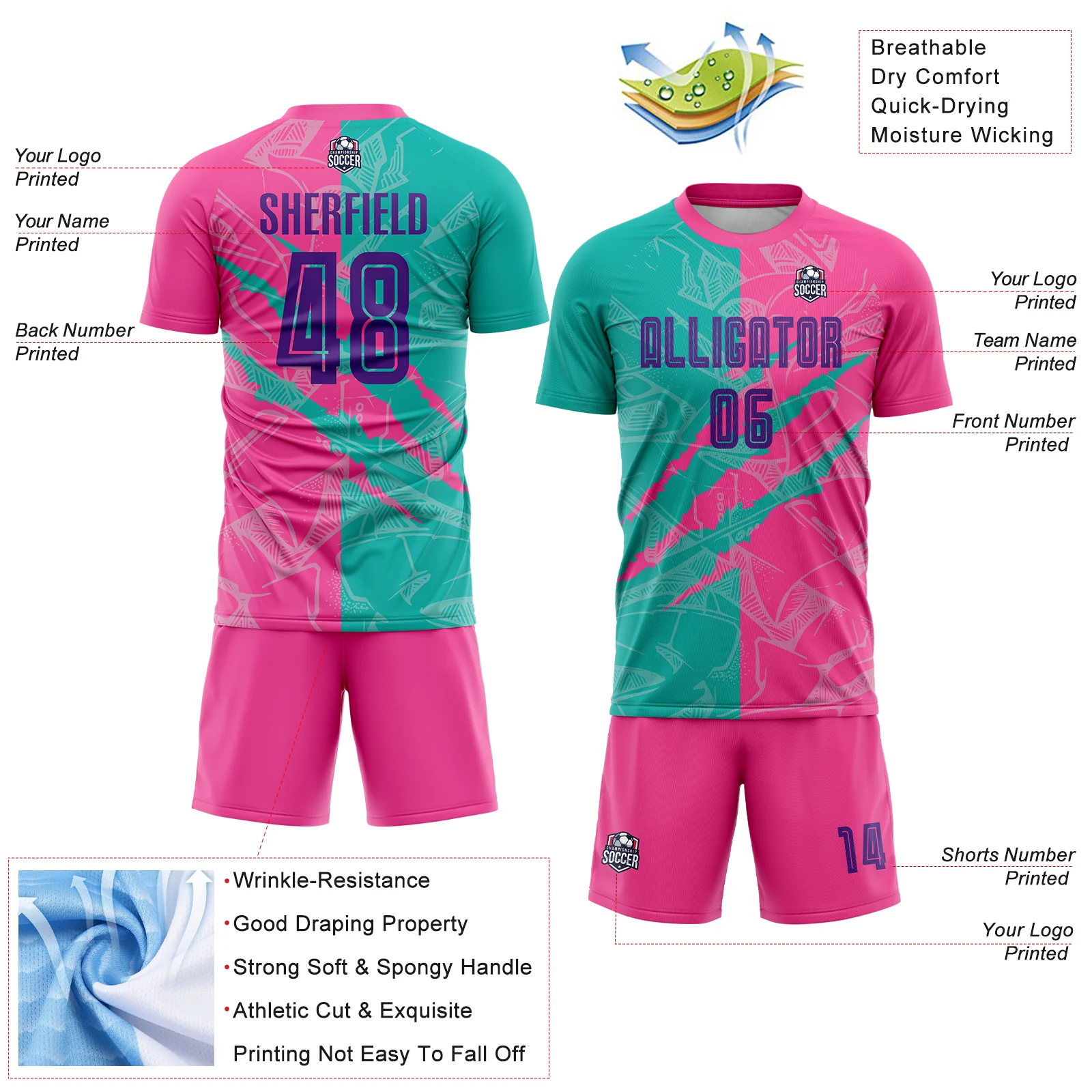 Custom Graffiti Pattern Purple Teal-Pink Scratch Sublimation Soccer Uniform Jersey - Image 4