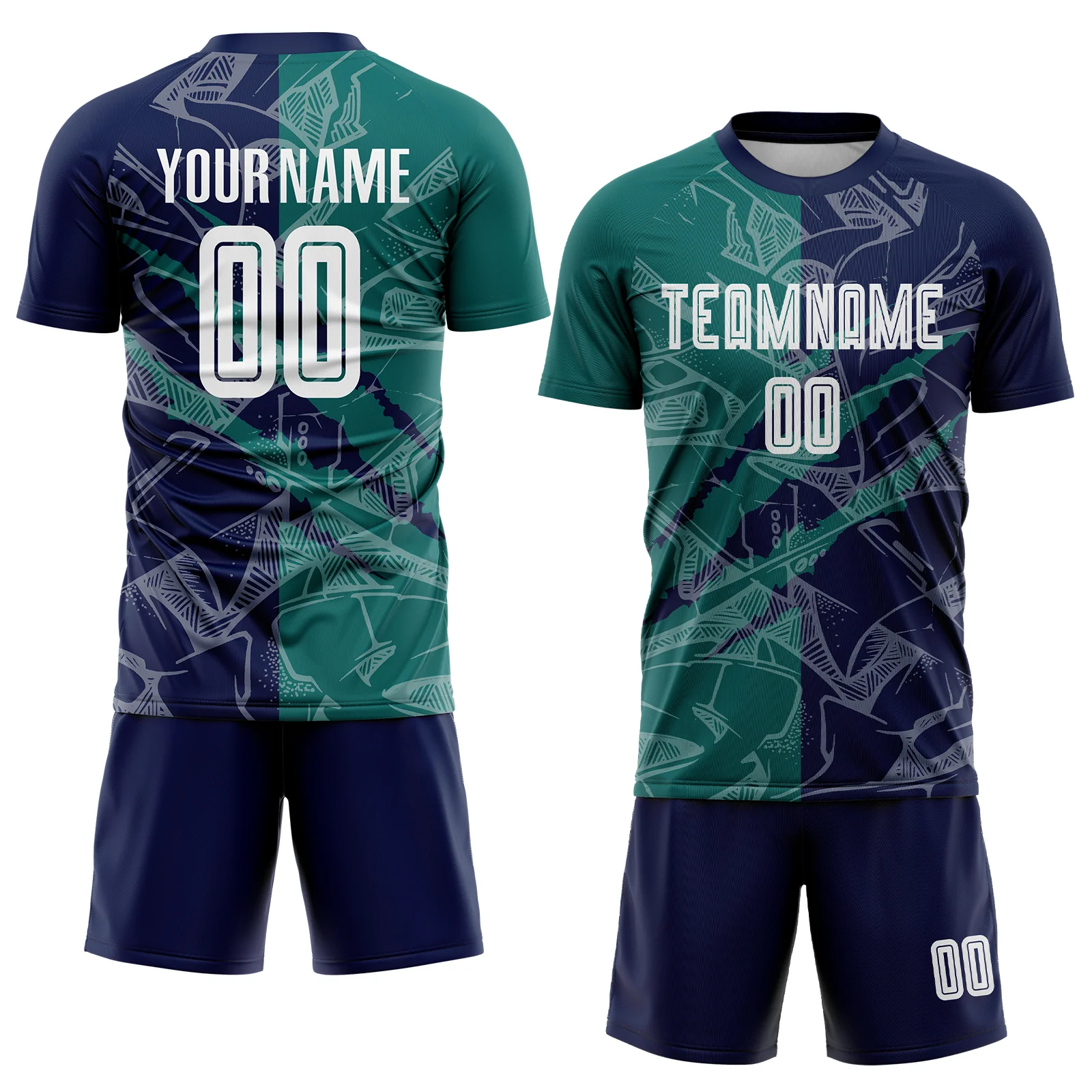 Custom Graffiti Pattern Teal-Navy Scratch Sublimation Soccer Uniform Jersey - Image 2