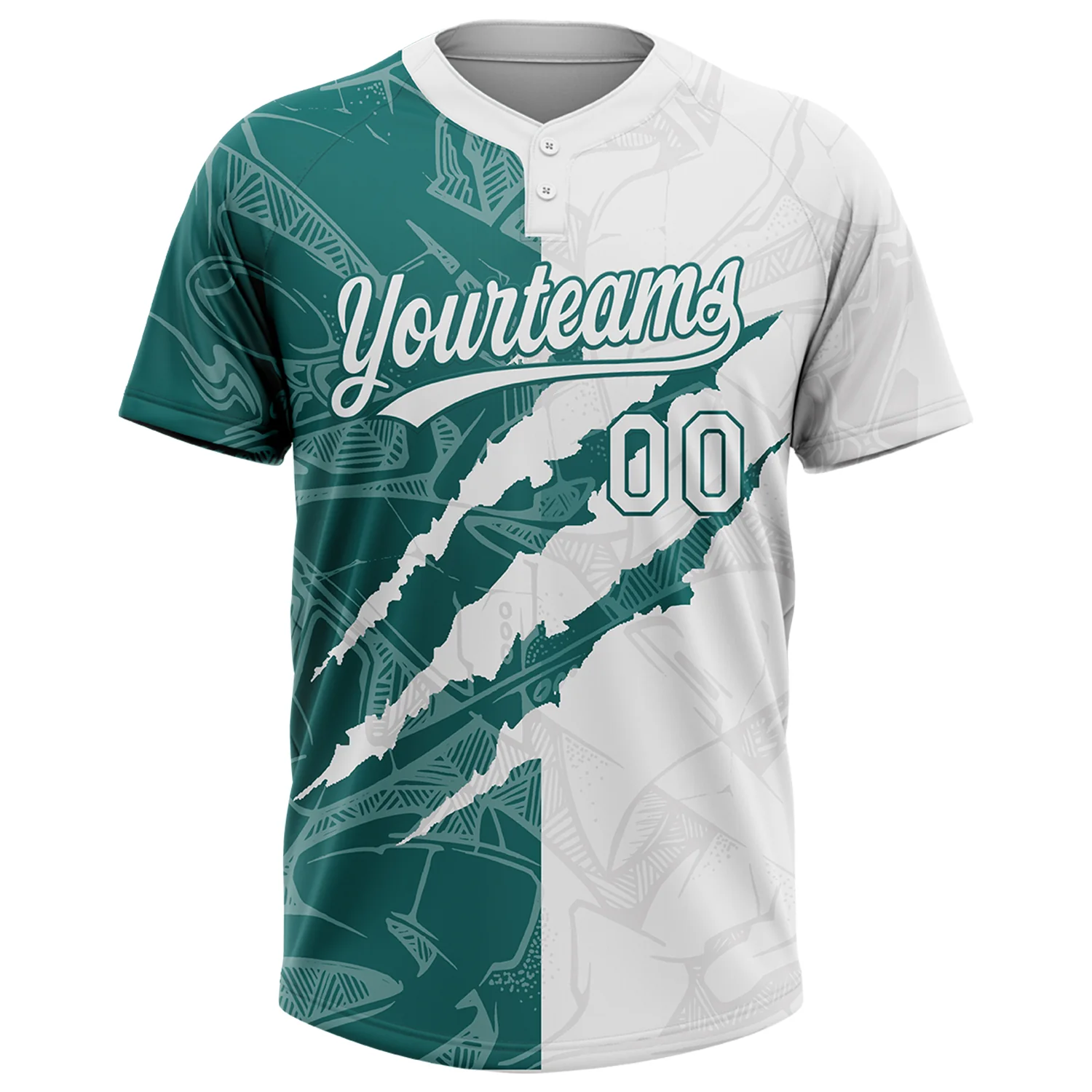 Custom Graffiti Pattern White-Teal 3D Scratch Two-Button Unisex Softball Jersey - Image 2