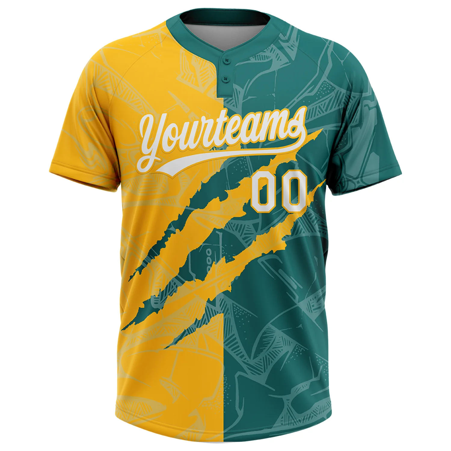 Custom Graffiti Pattern White Teal-Gold 3D Scratch Two-Button Unisex Softball Jersey - Image 2