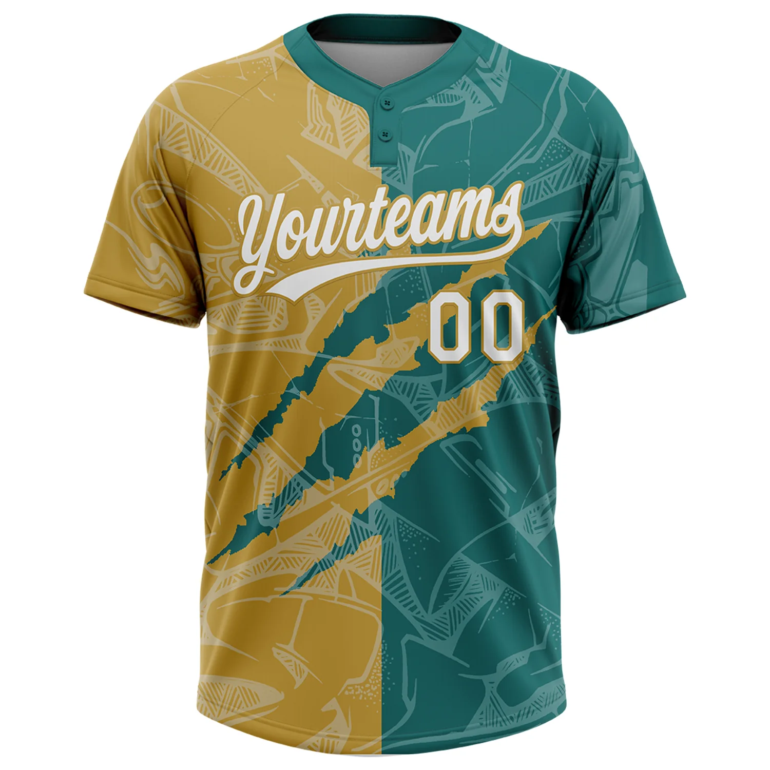 Custom Graffiti Pattern White Teal-Old Gold 3D Scratch Two-Button Unisex Softball Jersey - Image 2