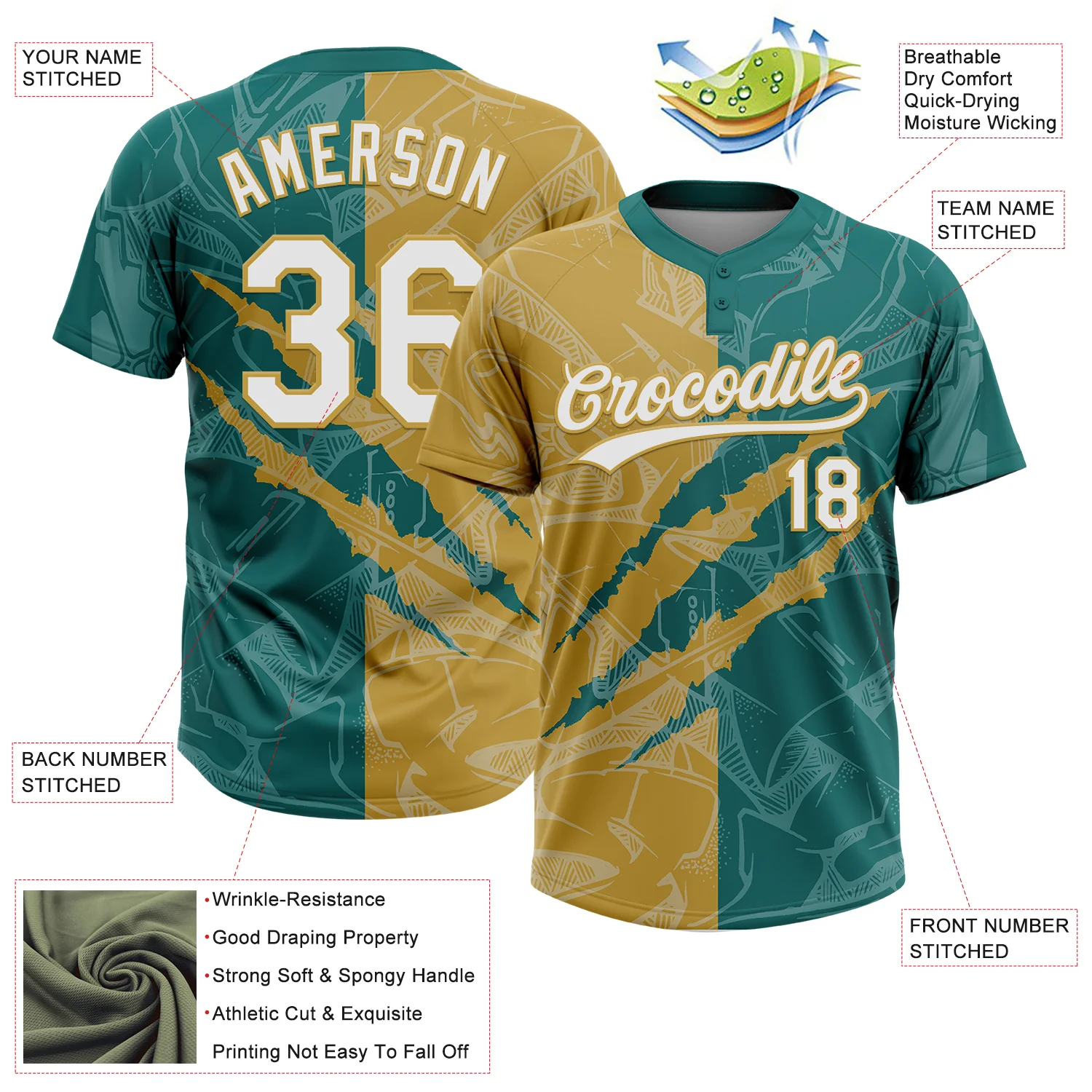 Custom Graffiti Pattern White Teal-Old Gold 3D Scratch Two-Button Unisex Softball Jersey - Image 3