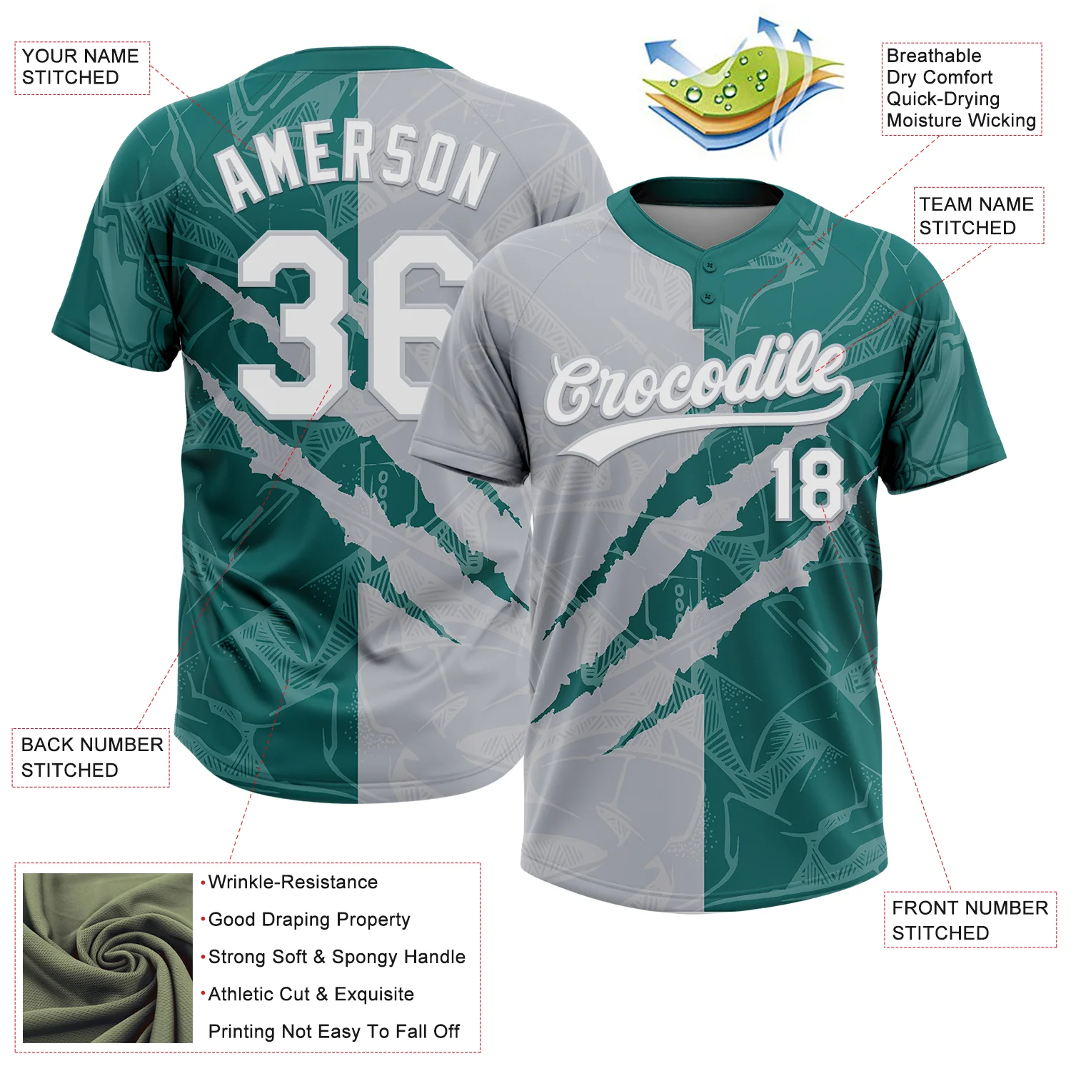 Custom Graffiti Pattern White Teal-Gray 3D Scratch Two-Button Unisex Softball Jersey - Image 3