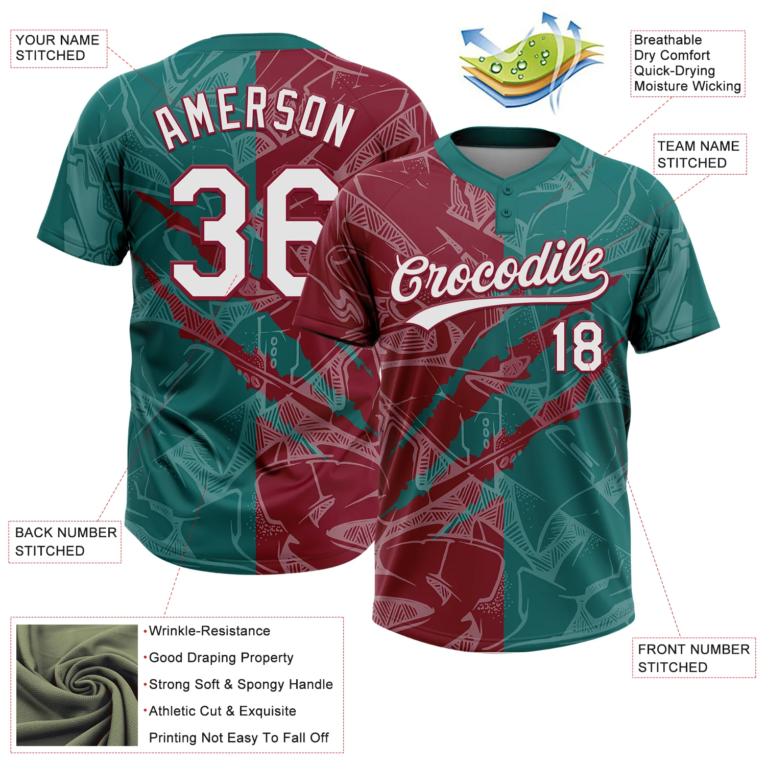 Custom Graffiti Pattern White Teal-Crimson 3D Scratch Two-Button Unisex Softball Jersey - Image 3