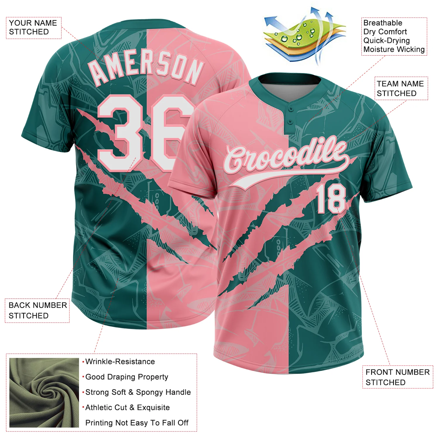 Custom Graffiti Pattern White Teal-Medium Pink 3D Scratch Two-Button Unisex Softball Jersey - Image 3