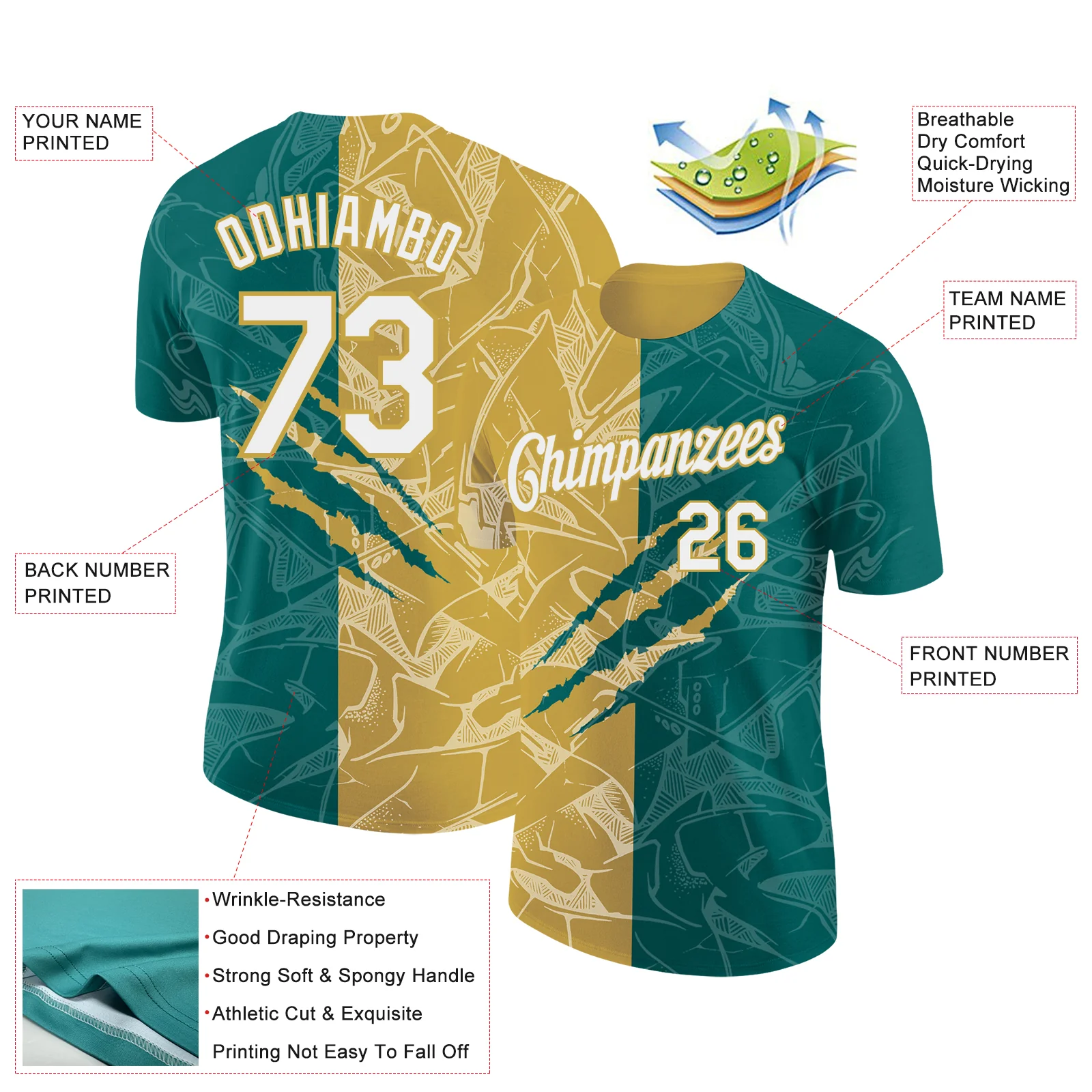 Custom Graffiti Pattern White Teal-Old Gold Scratch 3D Performance T-Shirt - Image 2