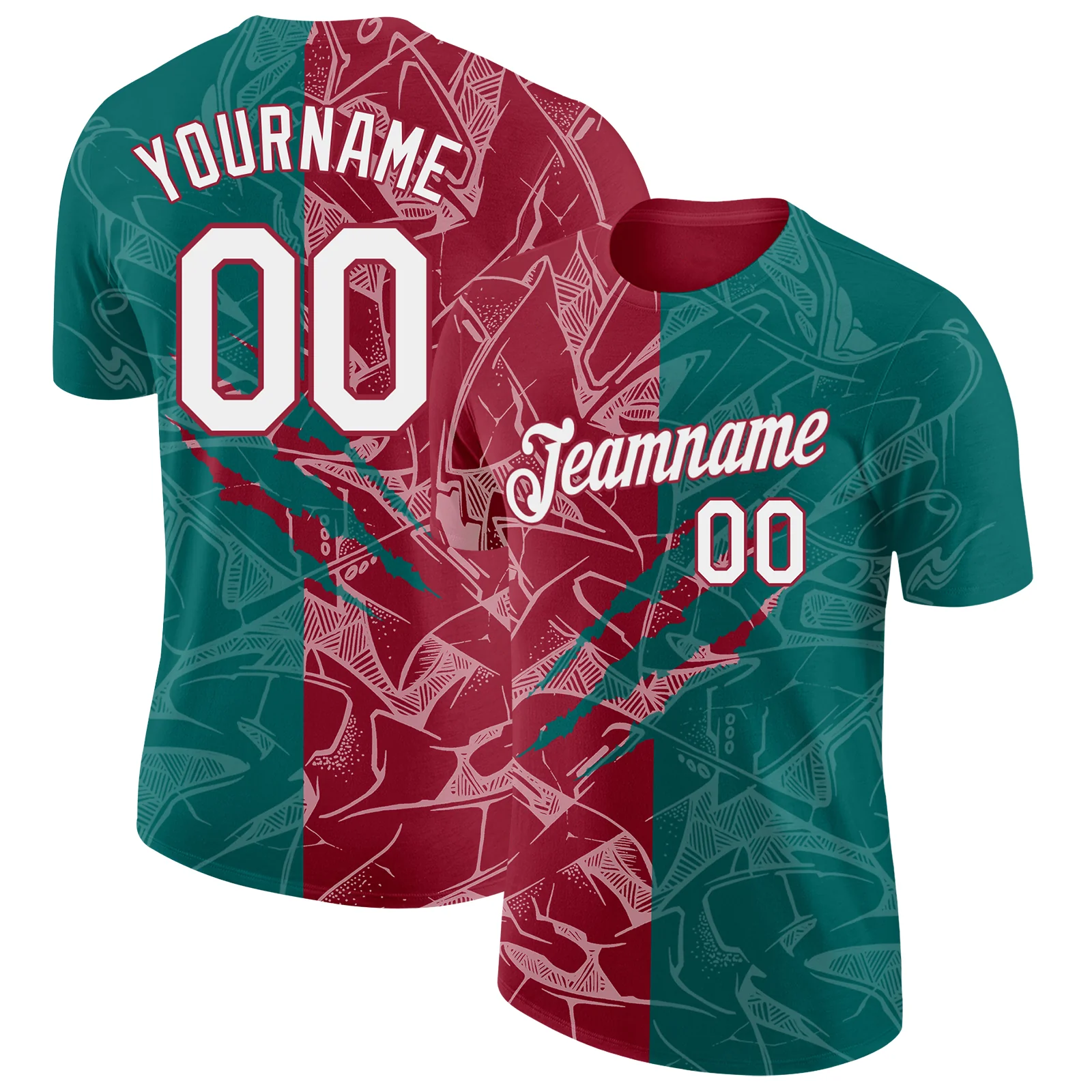 Custom Graffiti Pattern White Teal-Crimson Scratch 3D Performance T-Shirt