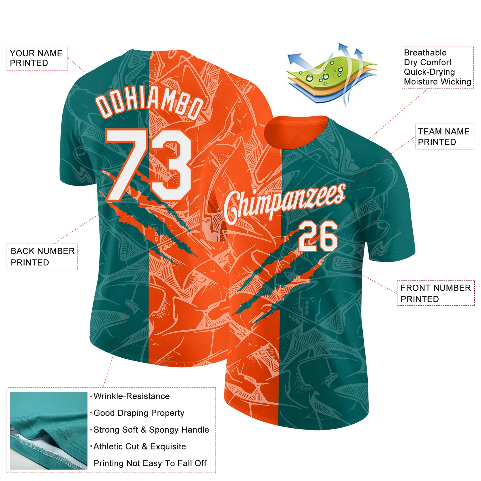 Custom Graffiti Pattern White Teal-Orange Scratch 3D Performance T-Shirt - Image 2