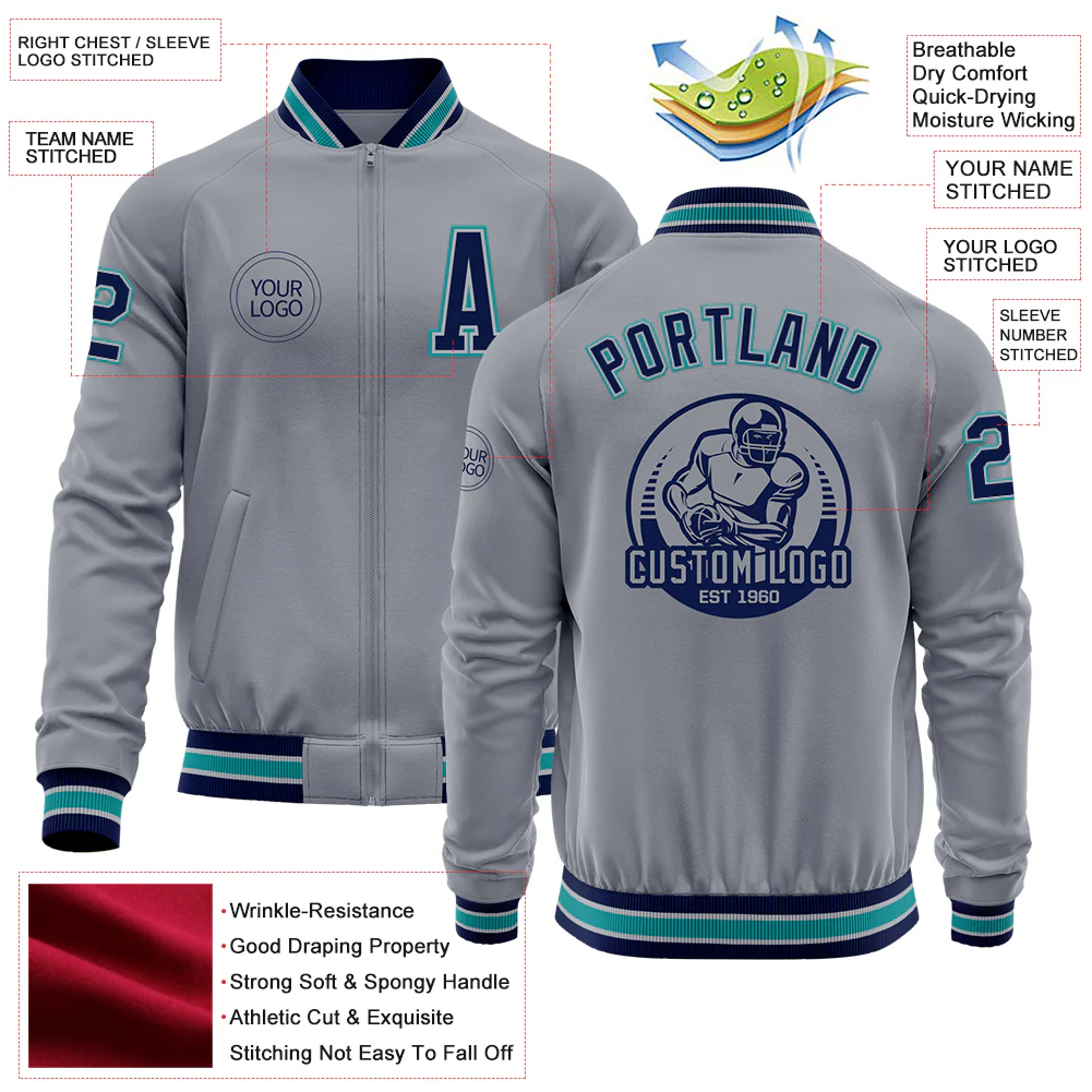 Custom Gray Navy-Teal Bomber Varsity Letterman Zipper Jacket - Image 4